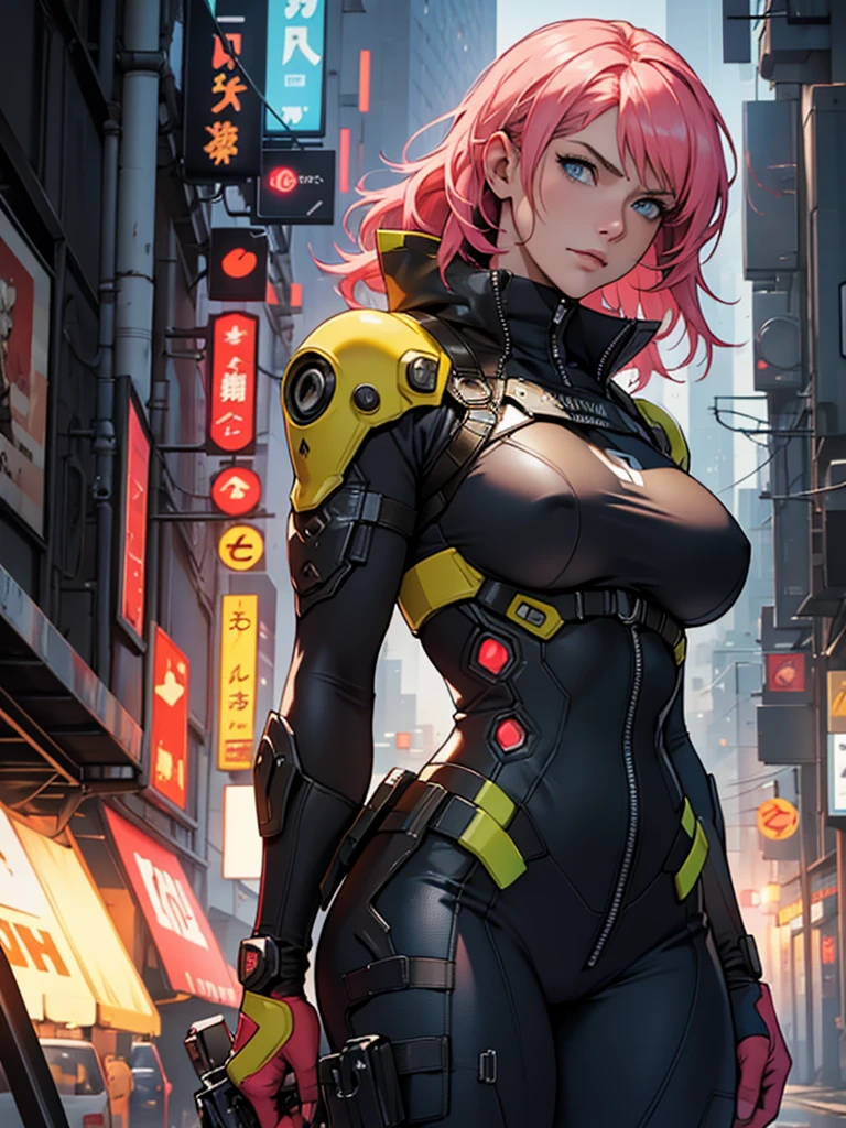 Fake body and , Mature woman in metal rising revengeance body details, foto de busto, big pink hair, shining blue eyes, wearing a mustard yellow jumpsuit, breasts big, 35 years old, eye on the spectator, Look to the camera, , the background is a cyberpunk city, revegeance expression, foco no rosto, de frente, foco no busto, riaden armor of metal gear rising, busty woman,pronto para lutar, mini saia roxa e branca, expressão intensa, fundo branco liso, ambiente frio, vapor subindo, movimento dinâmico, atitude confiante, atmosfera fria