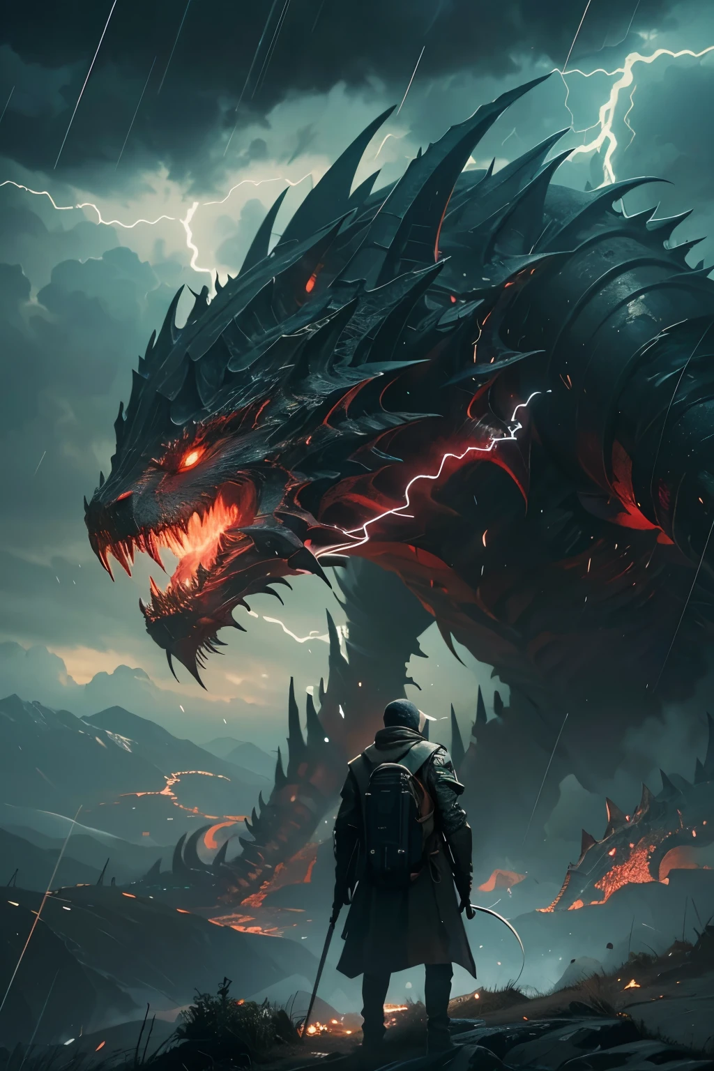 A very detailed painting, Dark world, Depicts a man have a weapon on a hill gazing at a giant alien monster lightning rain breath, author:Shinkai Makoto, By Art Jem, From Wlop, author:Greg Rutkowski, Volumetric Lighting, Octane Rendering, 8K resolution, Popular on artstation, masterpiece ,flame magic