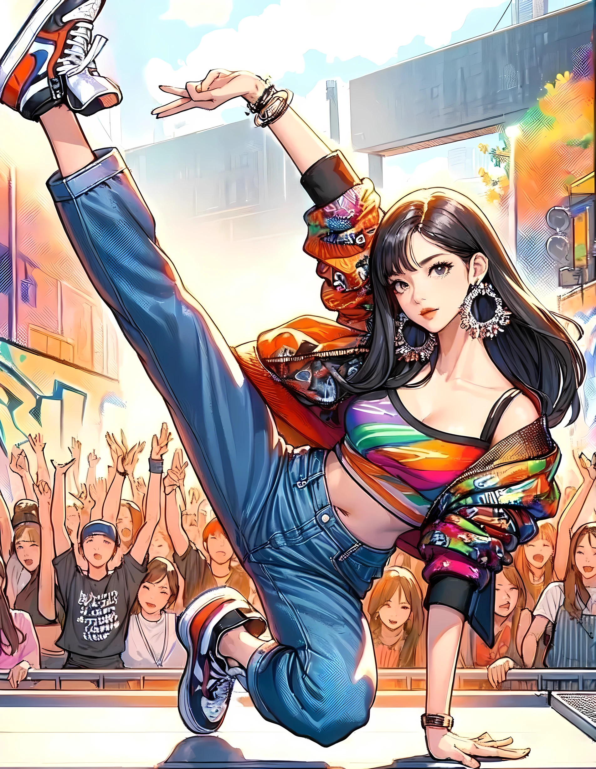 1lady solo, (dynamic posing) (breakdance), (one hand on the ground) (throwing body into the air) acrobatic (legs raised up), stylish outfit (chic and pop attire), (mature female:0.6), /(silver gray hair/) bangs, (light smile:0.8), (masterpiece best quality:1.2) delicate illustration ultra-detailed, large  BREAK (lively street) outdoors, square, audience, detailed background
