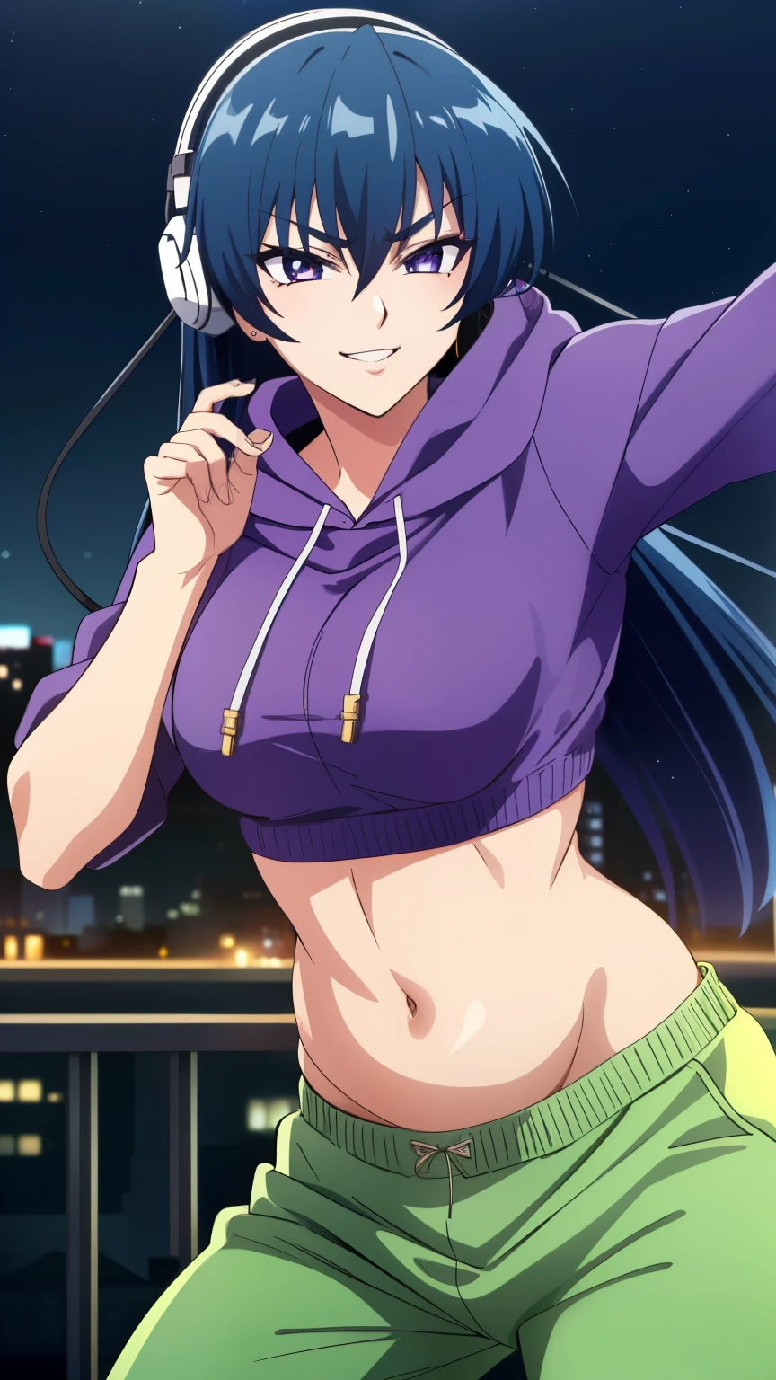 (masterpiece, best quality, high resolution, 8k),anime art style, Shinoa, 1 girl, dark brown eyes, medium breasts, smile, hair ribbon, (Hip Hop Dancer Style, Headphones to Wear, Pants, Hooded Sweatshirts, Colorful Shirts, Belly Button, City, Night), alone, standing,dynamic Angle cowboy shot,