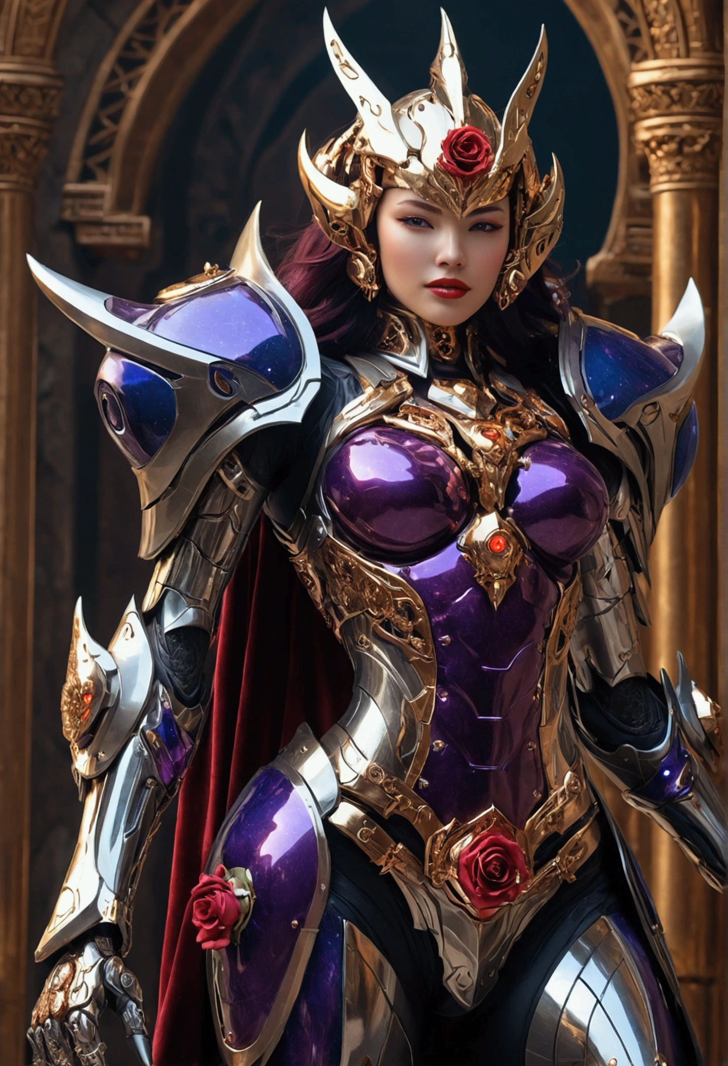 Surreal happy mech, Dark Assassin full body extremely beautiful, girl with goddess face, godness smile, red lips like velvet, two eyes shining like charming stars, intricate design, sharp edges, weapon is a large purple rose gold flame on both sides of the armor, Megatron platinum gold armor reflects intricate metal details, dynamic pose of the weapon on the floor and velvet blue background, clear details, deep colors, fantasy, intricate details, fierce war screen, unique colors, fantasy concept art, 32k resolution
