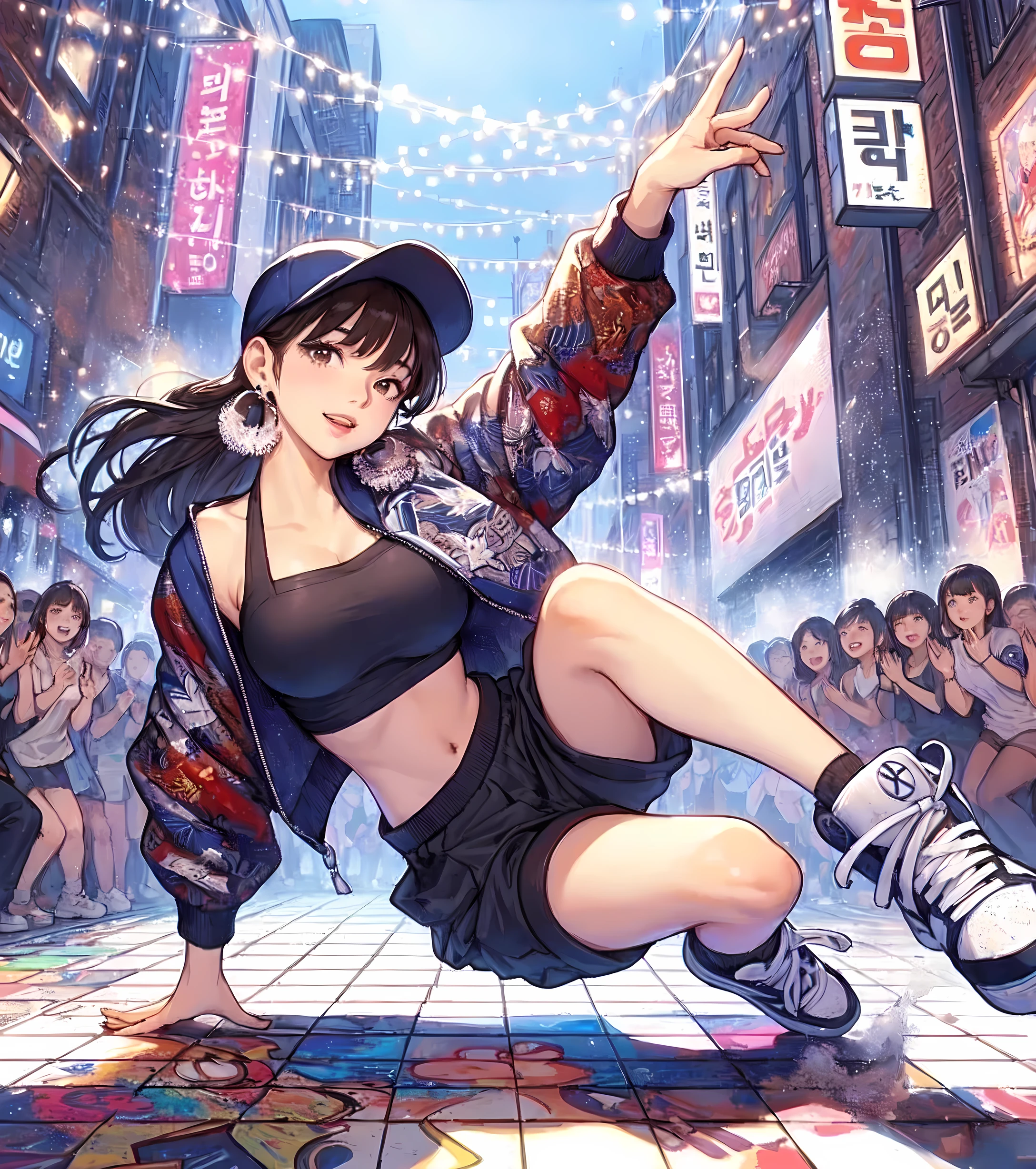 1lady solo, (dynamic posing) (breakdance), (one hand on the ground) (throwing body into the air) acrobatic, stylish outfit (chic and pop attire), (mature female:0.6), /(dark brown hair/) bangs, (light smile:0.8), (masterpiece best quality:1.2) delicate illustration ultra-detailed, large breasts BREAK (lively street) outdoors, square, audience, detailed background