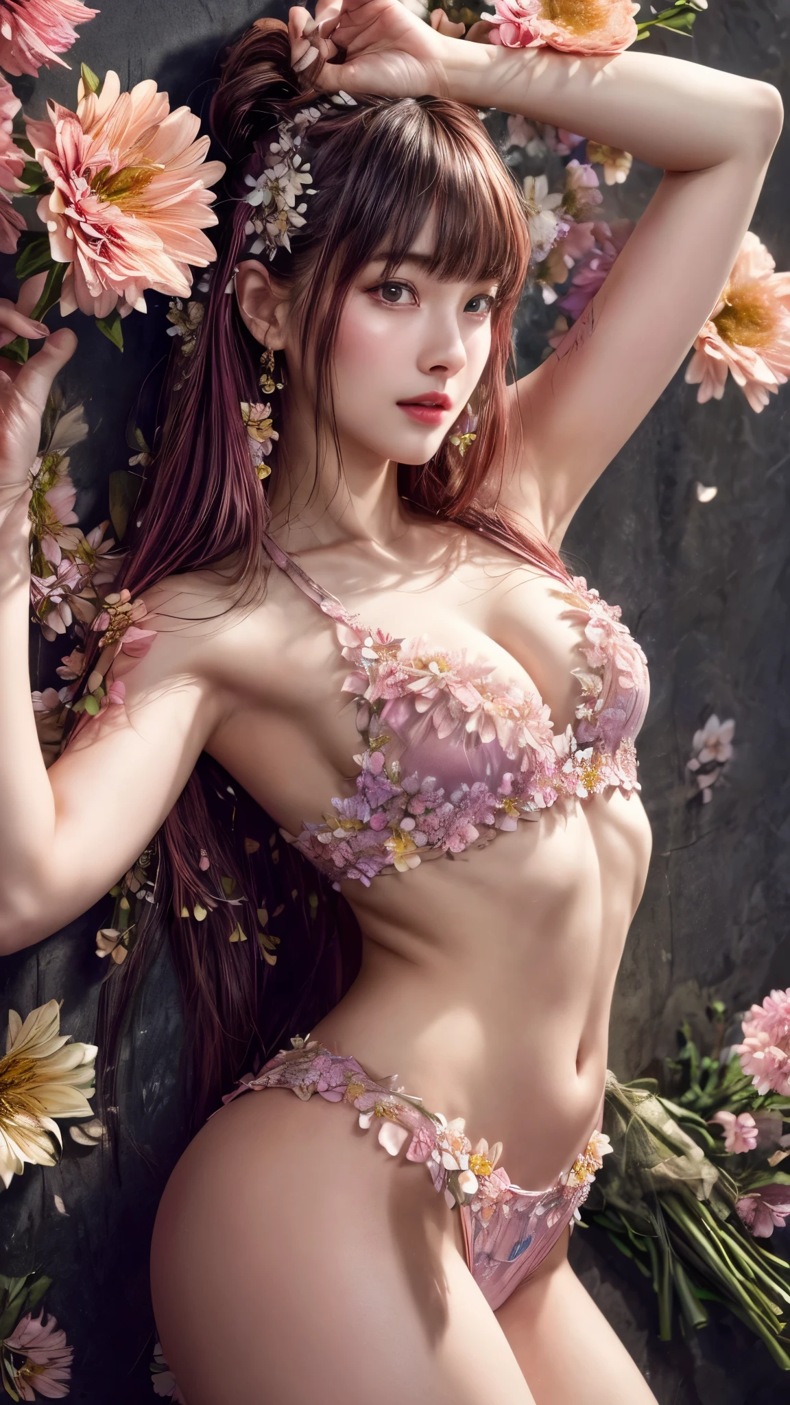 Nipples, ((Pink underwear))、(((masterpiece, Highest quality)), 1 girl, (Realistic: 1.4), alone, Black color background, Pink Hair, ((blunt bangs))、hime_cut、Long Hair,smile、 ((whole body)), Very beautiful woman、Slender women、(Detailed face)、Realistic Skin、((Delicate photo)),(Girl Masterpiece RAW Photo Details:1.25), (Highest quality:1.6), (Ultra-high resolution:1.5), (Realistic:1.75),8k resolution, ,50mm,Absurd, Ultra-detailed,Cinema Lighting、Spread your arms、((((Lots of flowers))))、(((Lots of flower art)))、Artwork、art、