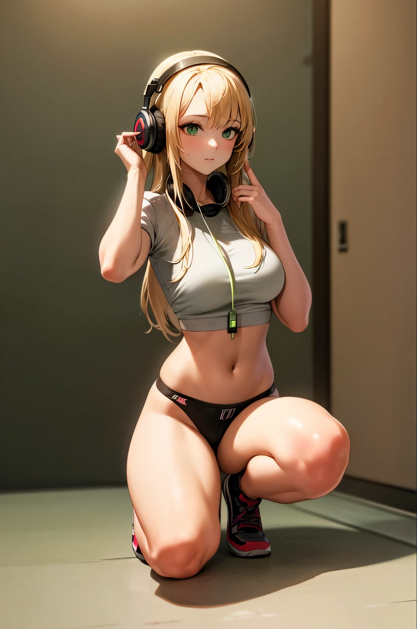 (masterpiece), (Highest quality, High resolution, Very detailed, figure), One girl, alone, Contemporary, Blonde beige long hair, Green Eyes, Beautiful attention to detail, squat, Headphones, 8k,