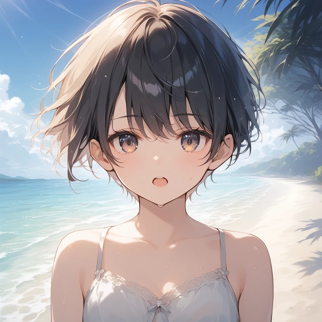 score_9, score_8_up, score_7_up, source_anime, best quality, masterpiece, official art, absurdres, highres, ultra-detailed,waifu2x,Collection: Slice of Life,break,1girl, tomboy, very short hair, pixie cut, breasts, beautiful detailed eyes, expressionless, serahuku, beautiful detailed eyes, sweat, open mouth, (yawn:0.3), sleepily, outdoors, wind, beach,break,(clear line illustration:1.2), super detailed skin,very high resolution, very aesthetic, Best sexual lighting powered by famous artist, 8k,cute picture,beauty illustration,photoshop_(medium),,(Detailed Lighting),best anime 8k konachan wallpaper, pixiv contest winner,