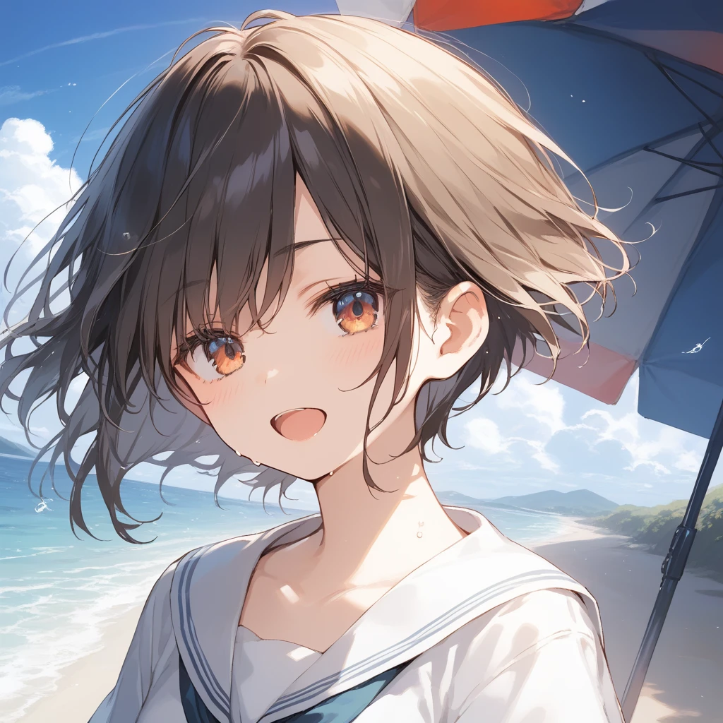 score_9, score_8_up, score_7_up, source_anime, best quality, masterpiece, official art, absurdres, highres, ultra-detailed,waifu2x,Collection: Slice of Life,break,1girl, tomboy, very short hair, pixie cut, breasts, beautiful detailed eyes, expressionless, serahuku, beautiful detailed eyes, sweat, open mouth, (yawn:0.3), sleepily, outdoors, wind, beach,break,(clear line illustration:1.2), super detailed skin,very high resolution, very aesthetic, Best sexual lighting powered by famous artist, 8k,cute picture,beauty illustration,photoshop_(medium),,(Detailed Lighting),best anime 8k konachan wallpaper, pixiv contest winner,