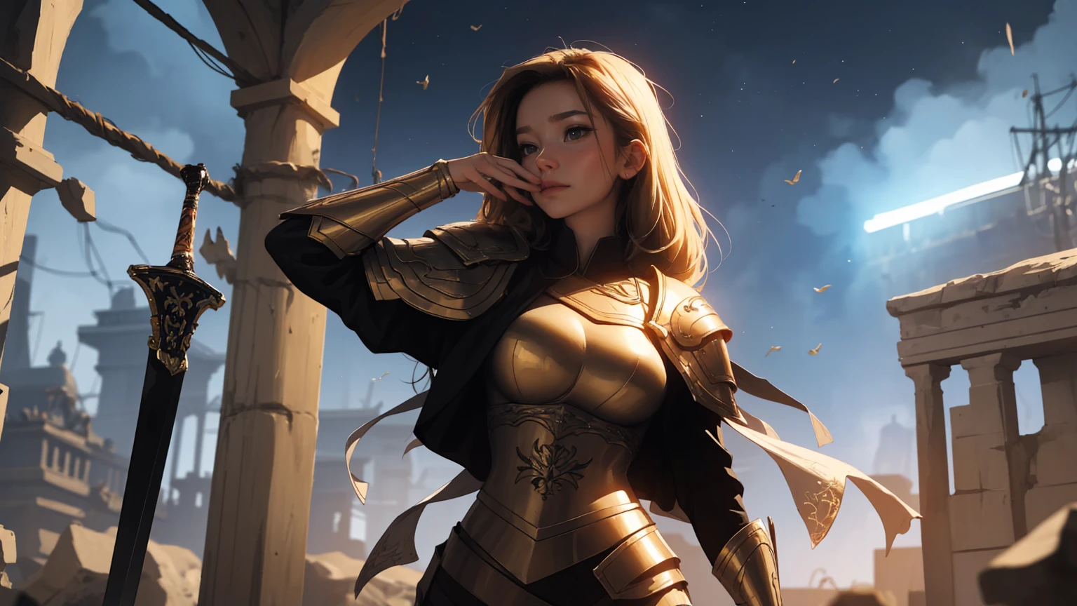 a1 woman，masterpiece, 8K quality, very detailed, one girl, (Light, cropped hair), woman warrior Greek antique warrior hoplite Greek Spartan armor holding a short sword skyphos and a round bronze shield, thick thighs, Roman columns background, big breasts, Smirk、professional lighting、about, standing, very long hair, cowboy shot, brilliant, brilliant hair, (night:1.2),Dreamy, [[gentle fingers and hands:0.55]::0.85],(detailed fingers),),(emotional),(breathtaking),(main part:1.2) whole body.), (Anime Style), (Super Detailed), (brutal), (uhd, HDR), (8k), (High Resolution: 1.2), (Complex and Beautiful: 1.2), cowboy shot, brilliant, brilliant hair, (night:1.2),Dreamy, [[gentle fingers and hands:0.55]::0.85],(detailed fingers),),(emotional),(breathtaking),(main part:1.2) whole body.), (Anime Style), (Super Detailed), (brutal), (uhd, HDR), (8k), (High Resolution: 1.2), (Complex and Beautiful: 1.2), [[gentle fingers and hands:0.55]::0.85],(detailed fingers),),(emotional),(breathtaking),(main part:1.2) whole body.), (Anime Style), (Super Detailed), (brutal), (uhd, HDR), (8k), (High Resolution: 1.2), (Complex and Beautiful: 1.2)