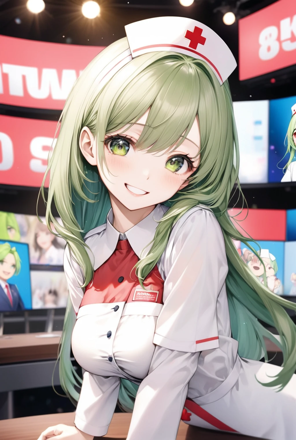 (Highest quality, 8k, 32K, masterpiece, Ultra-high resolution,:1.2),to be born, One Girl,So cute , Fantasy background like a news studio, clear, Shining Eyes, Age 25 ,Fair skin, Green Hair Girl, Slanted Eyes, Long Hair, An innocent smile, Grin, Large Breasts, announcer, news caster, Putting her on the table, nurse服, nurseのかっこう, nurse,