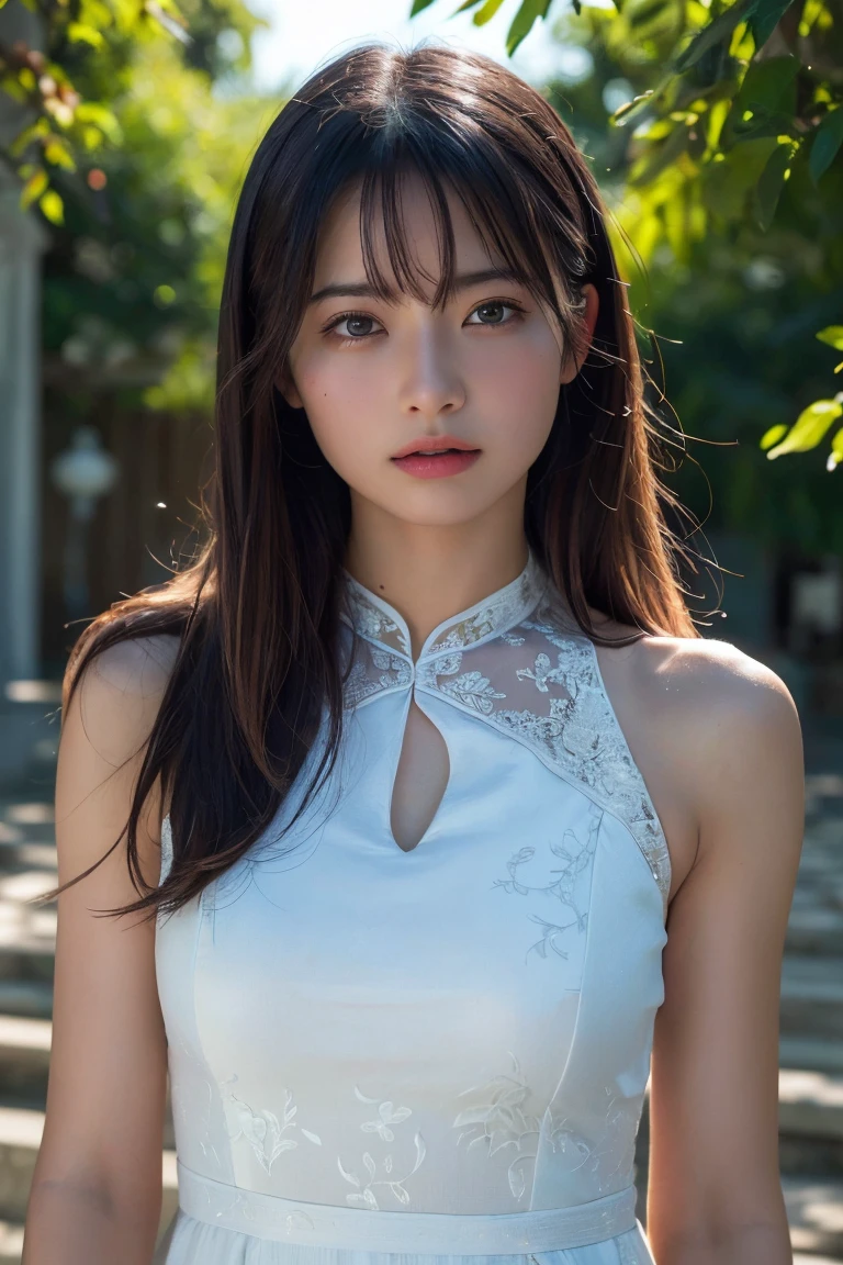 (Highest quality:1.4),(masterpiece:1.4),(Realistic:1.4),(Realistic:1.2),(超High resolution, RAW Photos:1.4),(High resolution, Very detailed:1.2),(8k:1.2),Movie Photos,a photo of a dark-haired,One Girl,alone,wear ,((China dress))、((Upper Body:1.3))