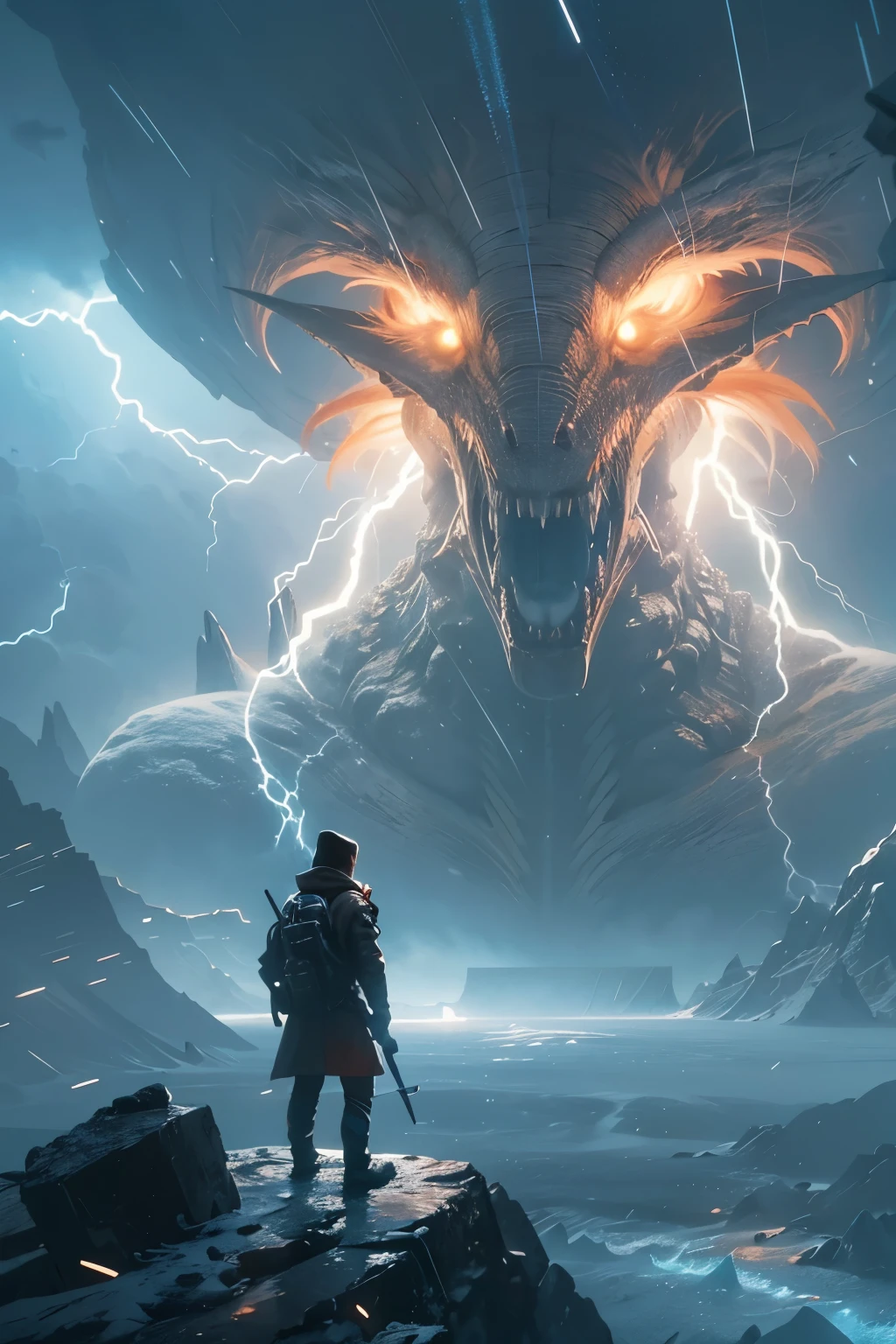 A very detailed painting, ice world, Depicts a man have a weapon on a hill gazing at a giant alien monster lightning rain breath, author:Shinkai Makoto, By Art Jem, From Wlop, author:Greg Rutkowski, Volumetric Lighting, Octane Rendering, 8K resolution, Popular on artstation, masterpiece ,flame magic