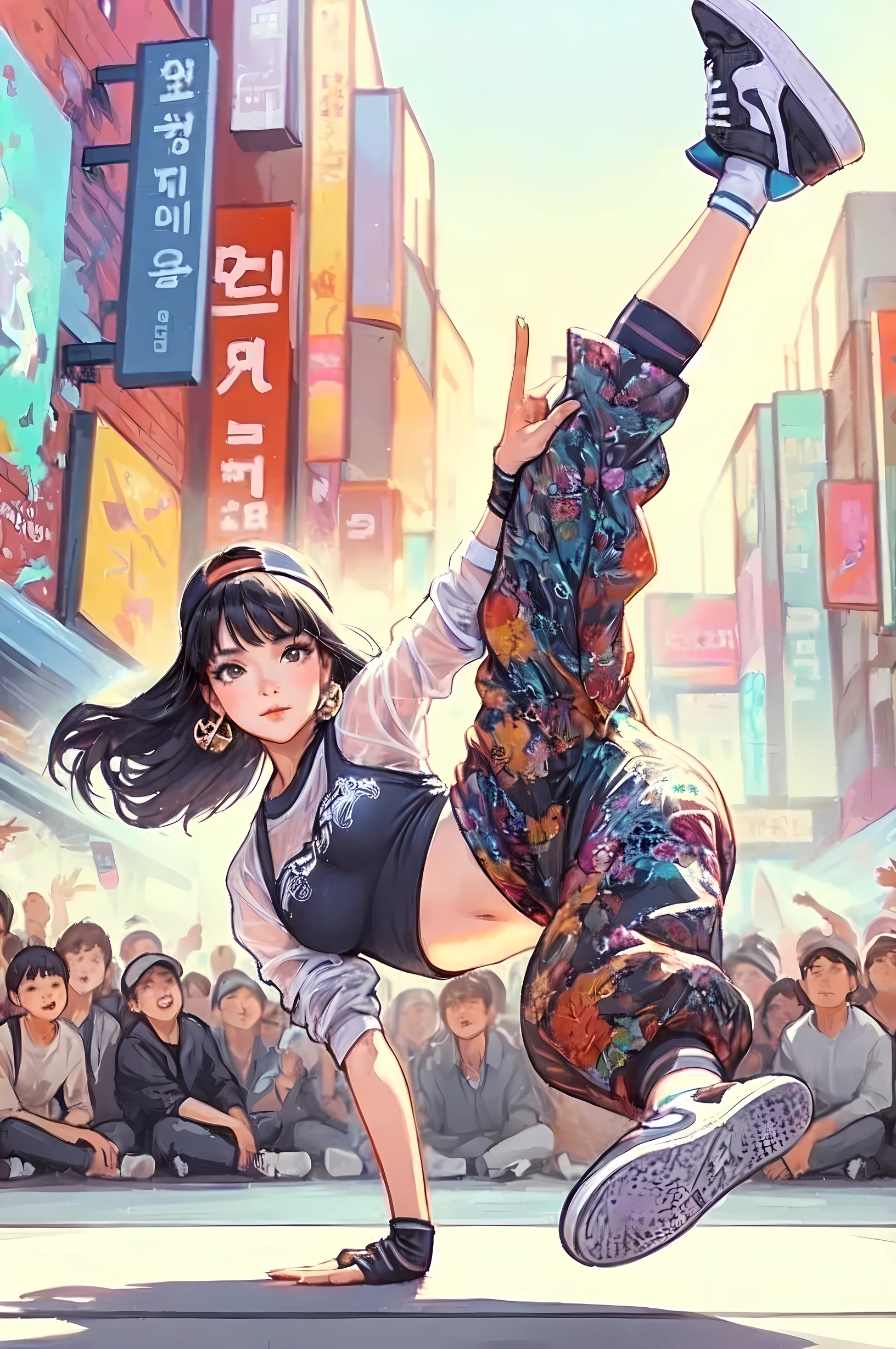 1lady solo, (dynamic posing) (breakdance), (one hand on the ground) (throwing body into the air) acrobatic (legs raised up), stylish outfit (chic and pop attire), (mature female:0.6), /(light black hair/) bangs, (light smile:0.6), (masterpiece best quality:1.2) delicate illustration ultra-detailed BREAK (lively street) outdoors, square, audience, detailed background