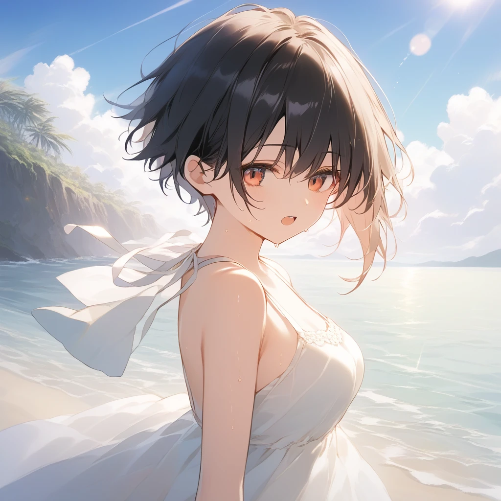score_9, score_8_up, score_7_up, source_anime, best quality, masterpiece, official art, absurdres, highres, ultra-detailed,waifu2x,Collection: Slice of Life,break,1girl, tomboy, very short hair, pixie cut, breasts, beautiful detailed eyes, expressionless, sun dress, beautiful detailed eyes, sweat, open mouth, (yawn:0.3), sleepily, outdoors, wind, beach,break,(clear line illustration:1.2), super detailed skin,very high resolution, very aesthetic, Best sexual lighting powered by famous artist, 8k,cute picture,beauty illustration,photoshop_(medium),,(Detailed Lighting),best anime 8k konachan wallpaper, pixiv contest winner,