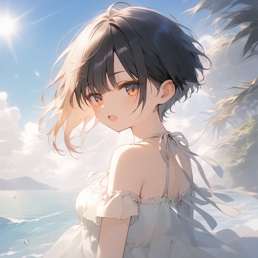 score_9, score_8_up, score_7_up, source_anime, best quality, masterpiece, official art, absurdres, highres, ultra-detailed,waifu2x,Collection: Slice of Life,break,1girl, tomboy, very short hair, pixie cut, breasts, beautiful detailed eyes, expressionless, sun dress, beautiful detailed eyes, sweat, open mouth, (yawn:0.3), sleepily, outdoors, wind, beach,break,(clear line illustration:1.2), super detailed skin,very high resolution, very aesthetic, Best sexual lighting powered by famous artist, 8k,cute picture,beauty illustration,photoshop_(medium),,(Detailed Lighting),best anime 8k konachan wallpaper, pixiv contest winner,