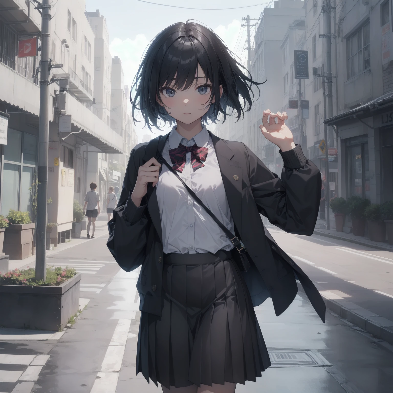 ultra-absurdres-Top quality by artist God, ultra-detailed, high resolution, anime moe artstyle, best anime 8k konachan wallpaper, pixiv contest winner, pool:2810, perfect ,break, 1girl, (Please draw a girl walking sleepily to school alone. )break,(Solo,little female, 13-year-old:1.3),Full limbs, complete fingers,a junior high school student, (very short hair), short cut, flat , , small , small black eyes, beautiful detailed eyes, well-proportioned iris and pupils, expressive eyes, highres detailed hair, soft expression, salor school_uniform, sailor collar, serahuku, bow, pleated skirt,(Detailed Lighting), (Detailed background), in the School commute route. break,super detailed skin, Best cinematic lighting powered by famous artist, 8k,beauty illustration,photoshop_(medium),very aesthetic,break,((artist:nekotoufu )), artist:clamp ,artist:carnelian ,artist:kantoku ,
