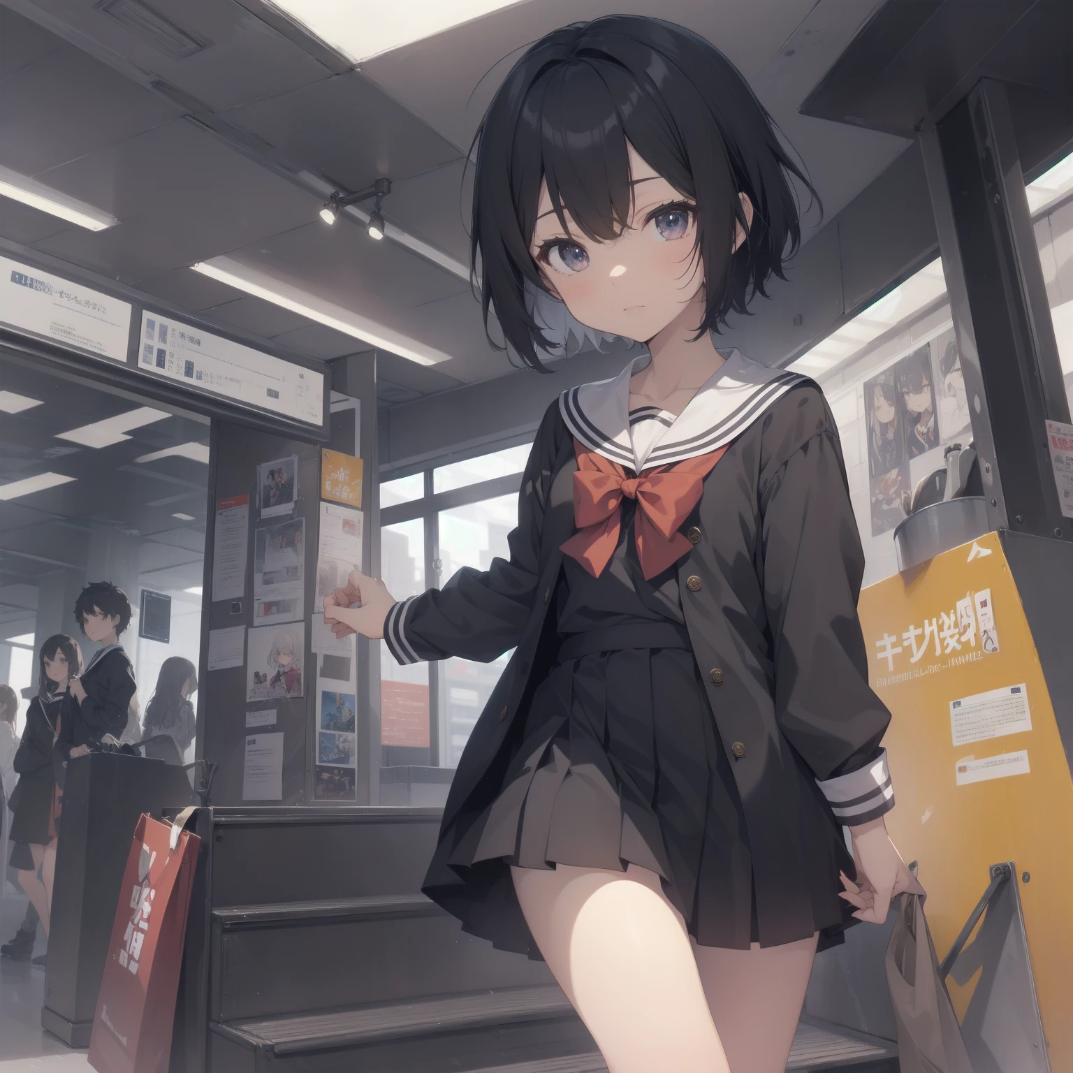 ultra-absurdres-Top quality by artist God, ultra-detailed, high resolution, anime moe artstyle, best anime 8k konachan wallpaper, pixiv contest winner, pool:2810, perfect anatomy,break, 1girl, (Please draw a girl walking sleepily to school alone. )break,(Solo,little female, 13-year-old:1.3),Full limbs, complete fingers,a junior high school student, (very short hair), short cut, flat chest, , small butt, small black eyes, beautiful detailed eyes, well-proportioned iris and pupils, expressive eyes, highres detailed hair, soft expression, salor school_uniform, sailor collar, serahuku, bow, pleated skirt,(Detailed Lighting), (Detailed background), in the School commute route. break,super detailed skin, Best cinematic lighting powered by famous artist, 8k,beauty illustration,photoshop_(medium),very aesthetic,break,((artist:nekotoufu )), artist:clamp ,artist:carnelian ,artist:kantoku ,