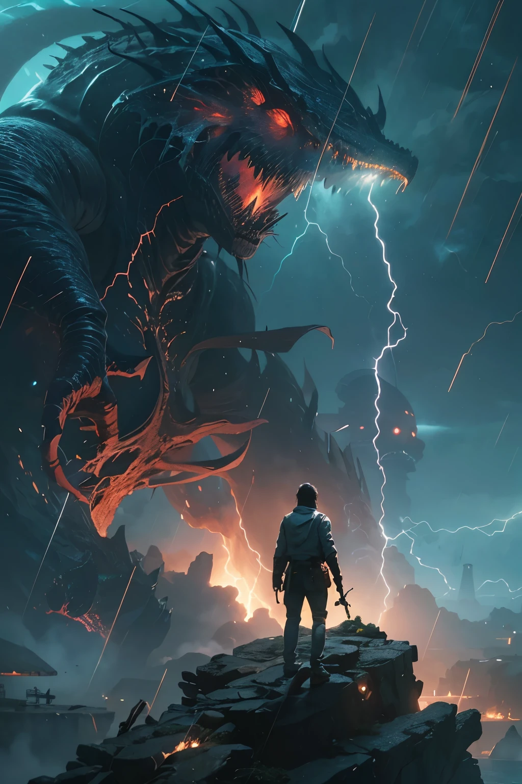 A very detailed painting， world under the sea, Depicts a man　have a weapon on a hill gazing at a giant alien monster lightning rain breath, author：Shinkai Makoto, By Art Jem, From Wlop, author：Greg Rutkowski, Volumetric Lighting, Octane Rendering, 8K resolution, Popular on artstation, masterpiece ,flame magic, 
Meteor shower