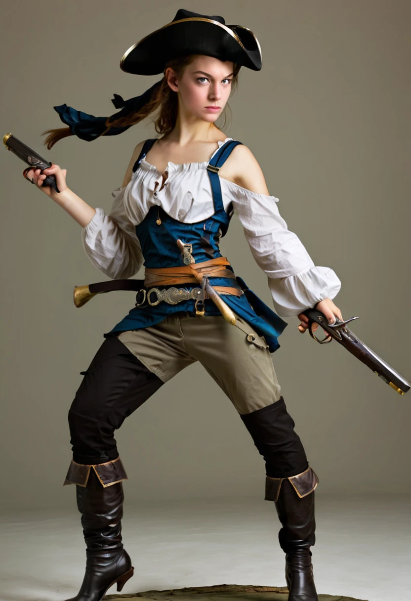 Young woman, slender, strong, beautiful and intelligent. She wears a light combat outfit, she has a long knife tied to her belt. She has a determined look and she holds a fine-blade sword in one hand and a flintlock gun in the other. She points the flintlock gun in one direction and is in fighting positions. [Realistic and good quality flintlock gun] [Realistic Musketeers style sword]