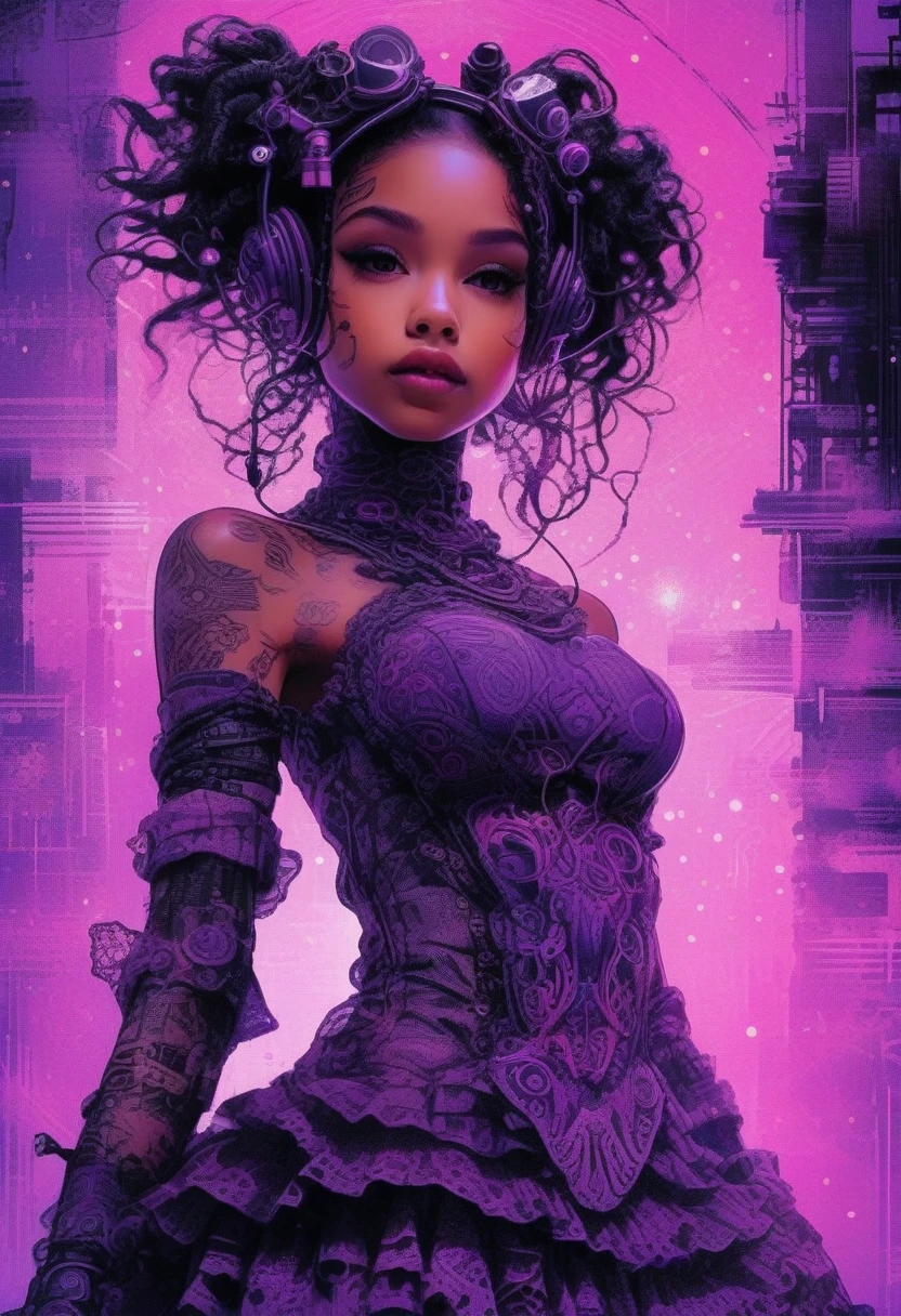 drawix9 cyborg girl, ink, cinematic, expressive, very detailed, lace dress and stockings, ambient purple and pink light