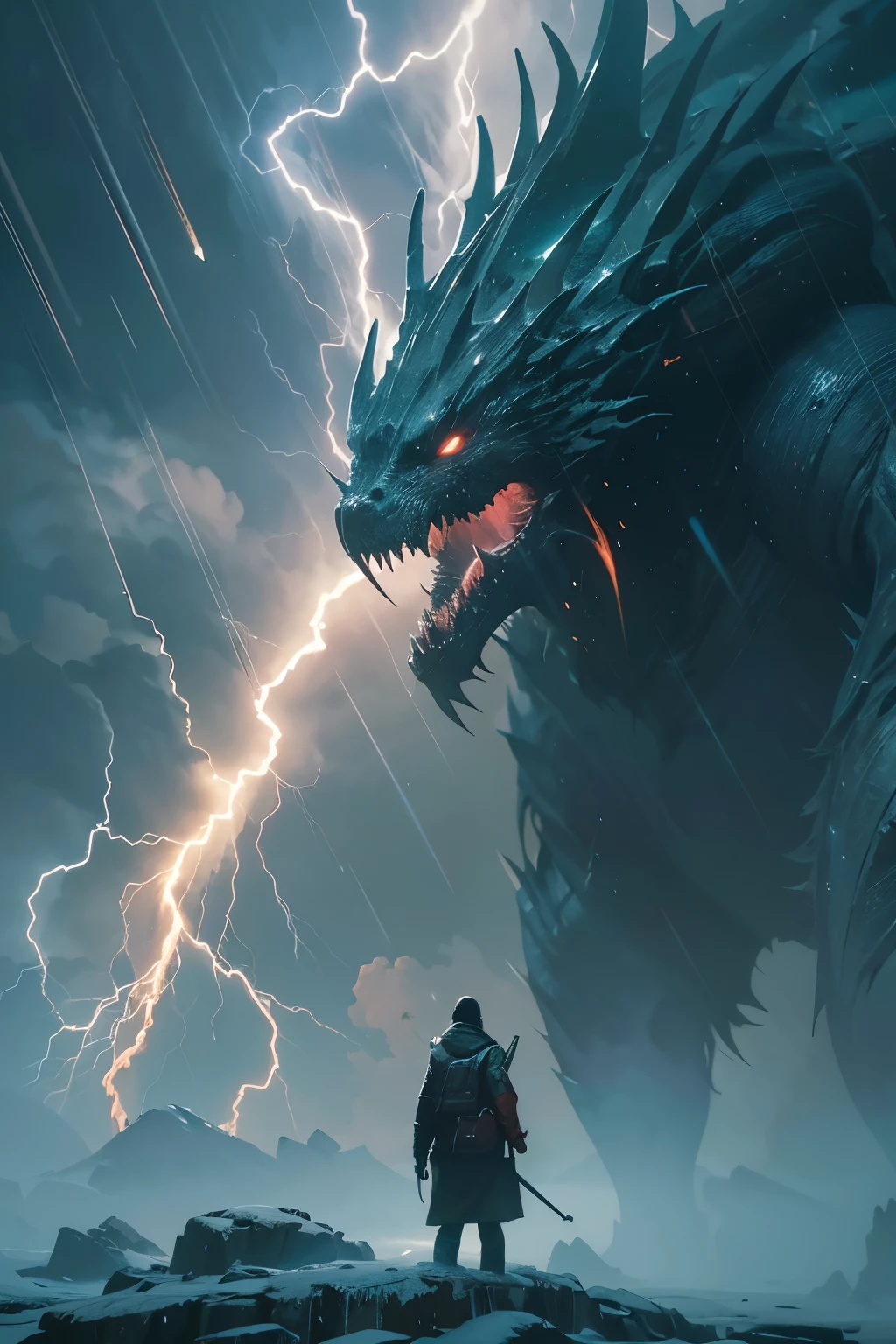 A very detailed painting， ice world, Depicts a man　have a weapon on a hill gazing at a giant alien monster lightning rain breath, author：Shinkai Makoto, By Art Jem, From Wlop, author：Greg Rutkowski, Volumetric Lighting, Octane Rendering, 8K resolution, Popular on artstation, masterpiece ,flame magic