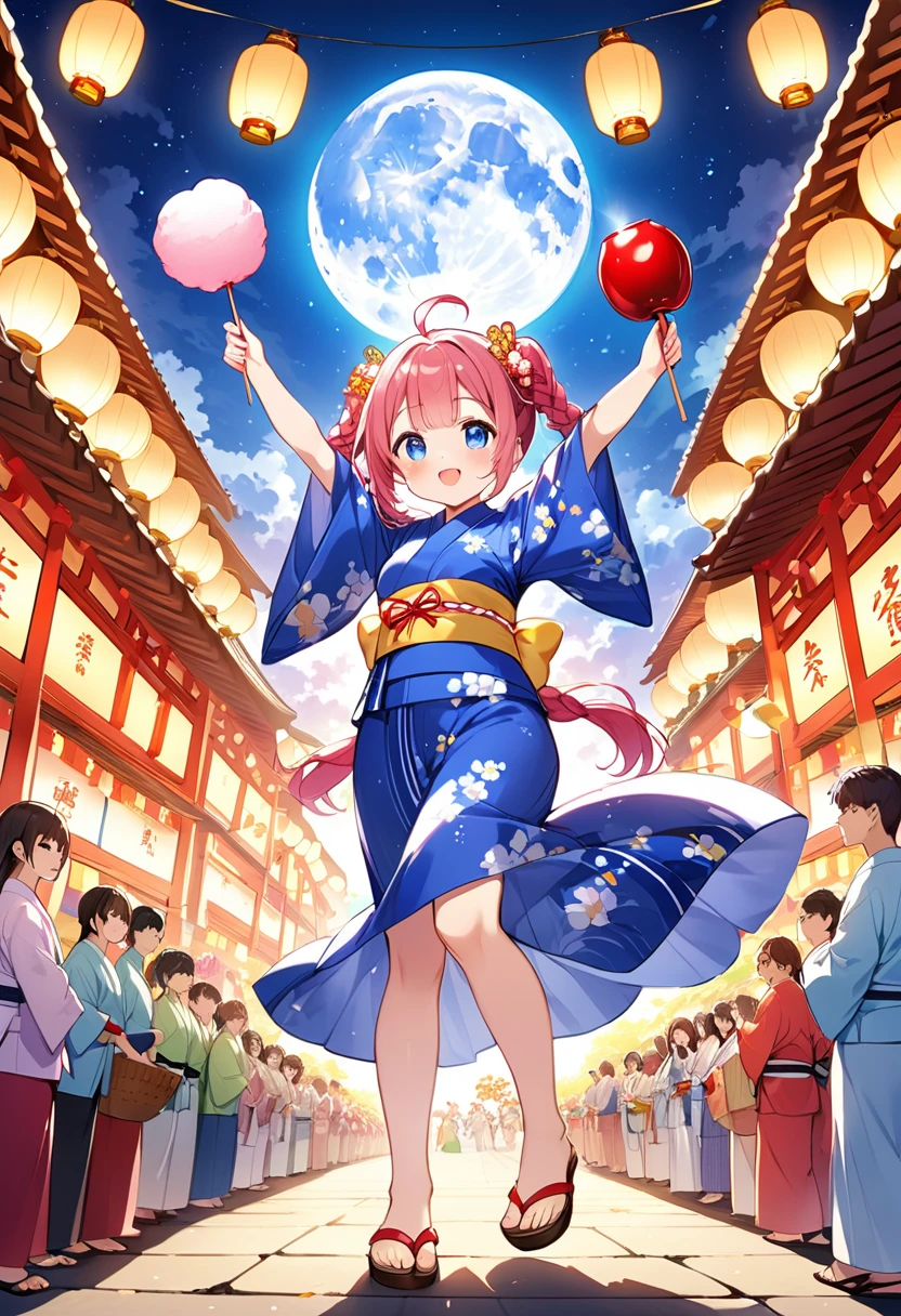 Highest quality、High resolution、Detailed Background、Beautiful face in every detail、Anatomically correct、Detailed facial expressions、fine grain、((full body, from below:1.8, side shot)), break ((One Girl:1.2)、(Chibi Girl:1.2))、Cute hair color、Big beautiful blue eyes、Fuller lips、Pink Lips、Braided twin tails、Ahoge、(Dancing at the Bon Odori festival in the summer:1.2)、(Cute Yukata、Cute sandals)、break ((Place one arm above your head:1.2、Stretch one arm horizontally to the side:1.2、Holding a large candy apple、Holding a large cotton candy、Holding a yellow frog))、(Looks like a lot of fun、Cheeks are puffy:1.2)、Sweat)、break (The background is a shrine at night、Lanterns lined up、Drums on top of the tower、Bon Odori Contest、Many people in yukata walking、full moon)、