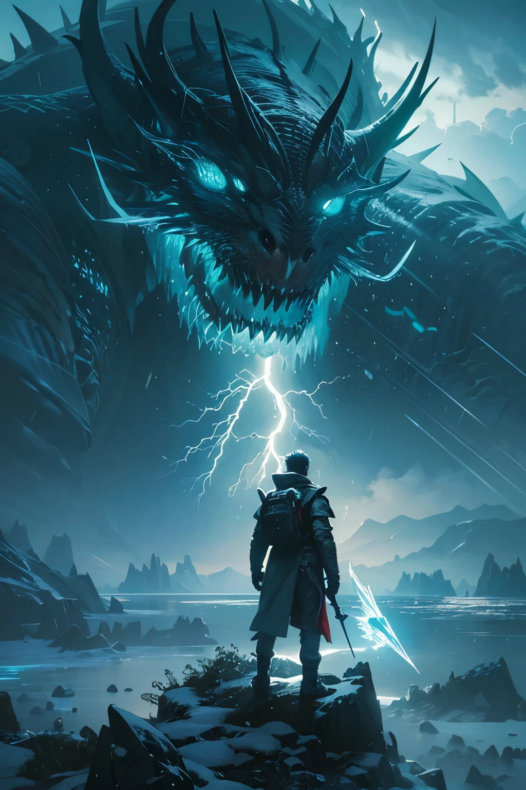 A very detailed painting， ice world, Depicts a man　have a weapon on a hill gazing at a giant alien monster lightning rain breath, author：Shinkai Makoto, By Art Jem, From Wlop, author：Greg Rutkowski, Volumetric Lighting, Octane Rendering, 8K resolution, Popular on artstation, masterpiece ,flame magic