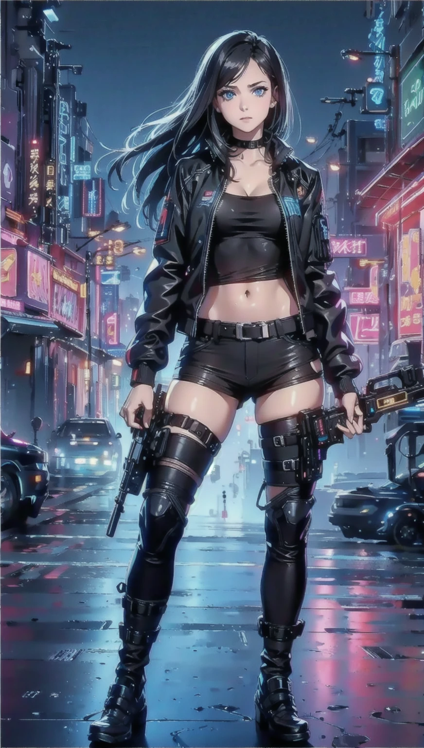(Hold the gun., blue eyes , short skirt,raw photos, best quality, skill:1.2), (realistically, realistic:1.37),(,cute,professional lighting, Photon mapping, Tee, Physical rendering , cosplay, lucy \(cyberpunk\), ,, gray eyes, tight black suit, เมืองcyberpunk, black shorts, , neon light, sexy, smoke, looking up at the viewer,, High resolution in 8ก, 8ก, CG wallpaper, realistically, clear background, Medium bust, body,