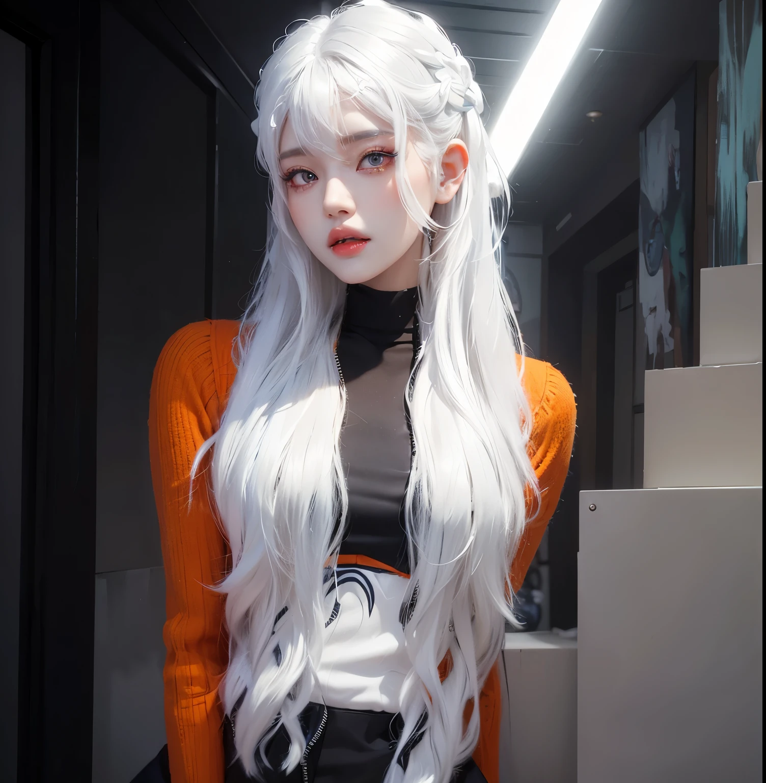 aVATAR SECOND LIFE Korean girl wearing orange top, White hair, White hair, White hair, Asian, Perfect and detailed face, imvu, maximalist details, AVATAR SECOND LIFE Korean blusa , neon