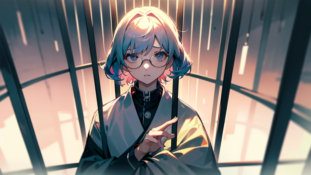 (((masterpiece,Highest quality))),((背中合わせに座っていてTrapped in a big cage眼鏡をかけている男性と女性))),(((Trapped in a big cage))),((Wears stylish, thick-framed glasses)),((Gloomy Background)),high quality),