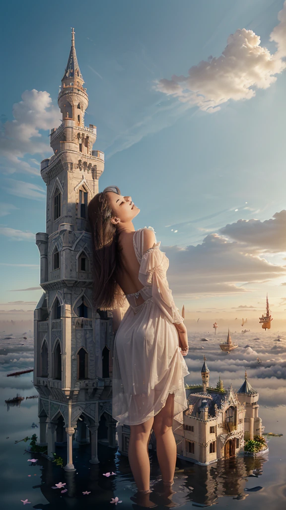 (Extremely detailed floating city:1.3), ((1 detailed mirage-castle floats above the clouds)and(Detailed floats minarets illusion, detailed floats belfry illusion)and(Highly transparent mirage)and(Detailed view of the base of the Mirage castle)),ultra-detailed,extremely detailed and beautiful, sky and white cloud and sunset glow background,ultra-detailed birds, (floating city in bloom, Floating petals, blooming gardens in the sky,  many vines on the wall:1.2)
Imagination, dream
/=
1 girl, (1 girl at floating city:1.3), (solo), (Super wide Angle lens), (back), behind head, white dress, (full body), (bare feet), (Backless dress), the girl away from camera, Holy Light,