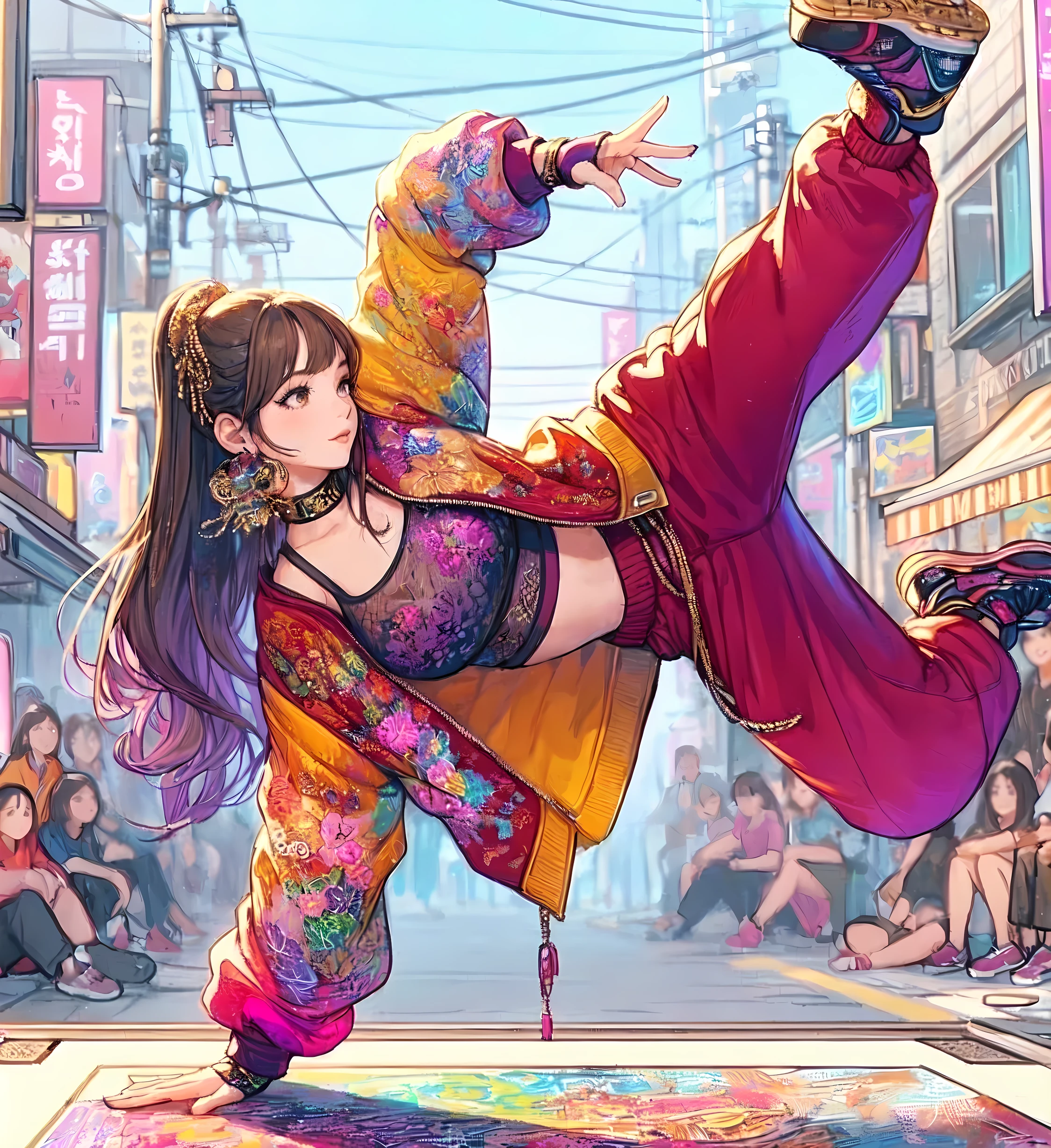 1lady solo, (dynamic posing) (breakdance), (one hand on the ground) (throwing body into the air) acrobatic (legs raised up), stylish outfit (chic and pop attire), (mature female:0.6), /(silver gray hair/) bangs, (light smile:0.8), (masterpiece best quality:1.2) delicate illustration ultra-detailed, large  BREAK (lively street) outdoors, square, audience, detailed background