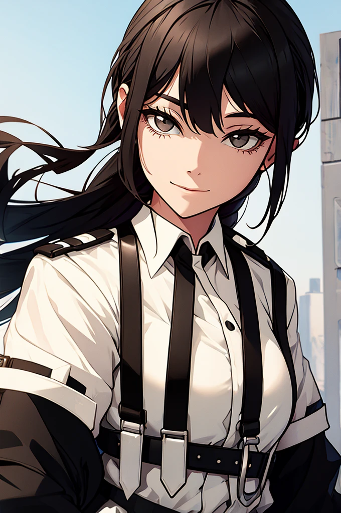 beautiful black hair and harness belts white-black uniform