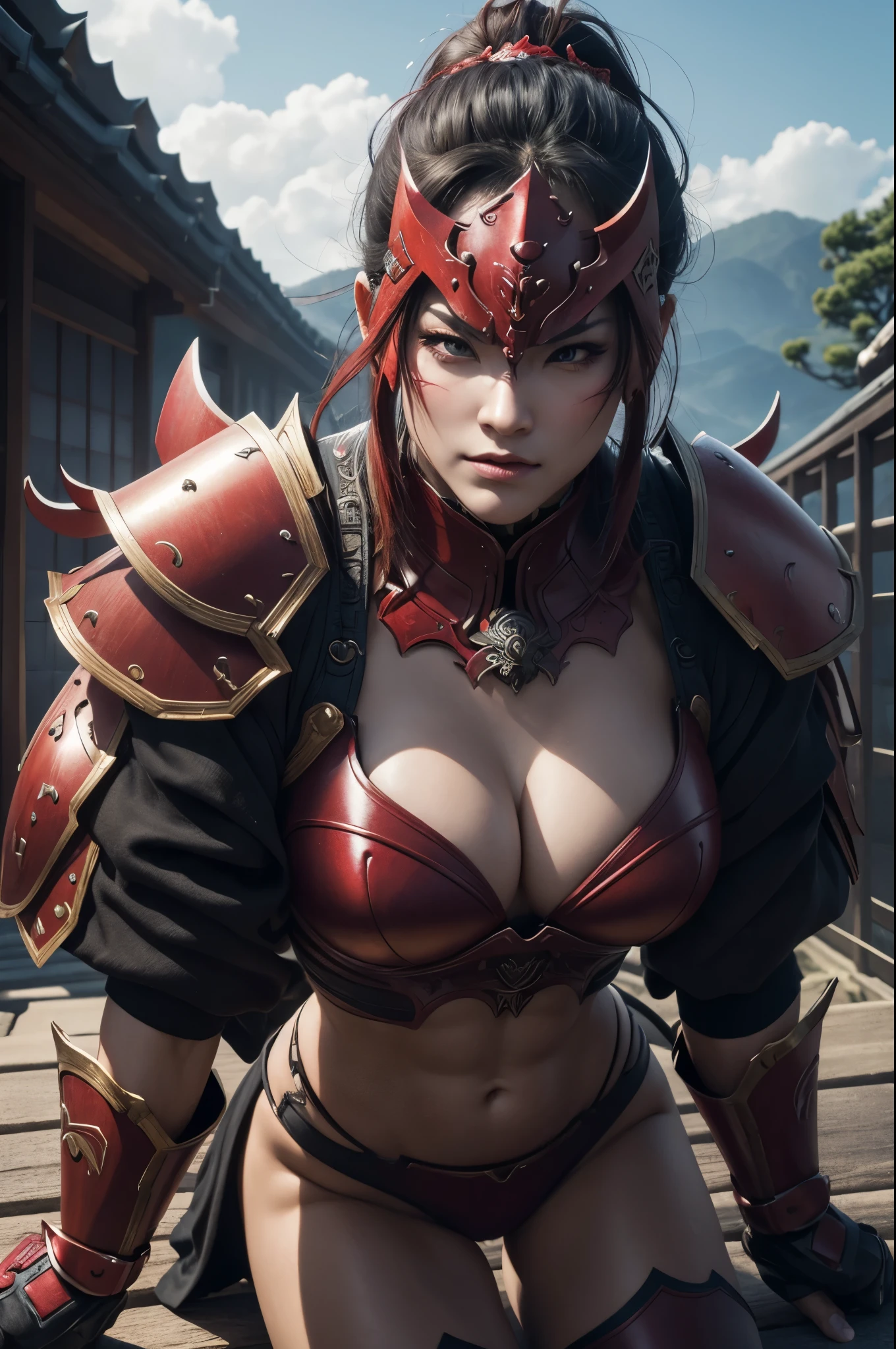 8k,(Samurai)、Devil Mask、Super Beauty(Like the real thing)、Red Armor Solo Adult Devil Woman、Muscular macho body type,Super Muscular Beauty,Bodybuilding,(Equipped with a long and large spear)、Mature Woman Big Woman Devil。Sturdy jaw(Like the real thing),Stand facing forward,Demon Armor,A wonderful work of art,((Kyoto Panel Style))、Wind effects:1.9、Cloud effect:1.2、Full Rendering,Devil makeup,masterpiece,Photorealistic RAW photos of the highest quality。Bright colors,Rich colors, Backlight, Cinema Lighting, Film Grain, 50mm lens, Nikon D850,Ultra-Realistic Skin,Fantasy art,Character Art,Ultra-high resolution,Realistic scale skins,Perfect hand shape,View your viewers,View your viewers,Top-down view,close,Uplifting,Dynamic fighting pose,Sexy chest,Cleavage close-up,