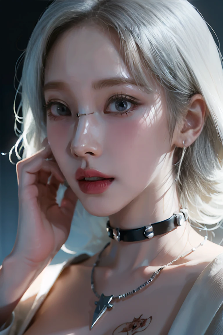 ((Close-up of a woman with tattoos on her chest)), girl, Short white hair with bangs, Black strands of hair, Purple eyes, White T-shirt and white cape, Pendant around the neck. 超High resolution.Photorealistic. 超High resolution.Photorealistic:1.4,超High resolution. Realistic,High resolutionで, masterpiece, Highest quality, Very detailed, Better Shadows, Volumetric lighting), super high quality, High resolution, 8k, 超Realisticな肖像画 , Photorealistic, Dynamic Lighting, Volumetric lighting, Very detailed顔,(NSFW:0.9),Large Breasts