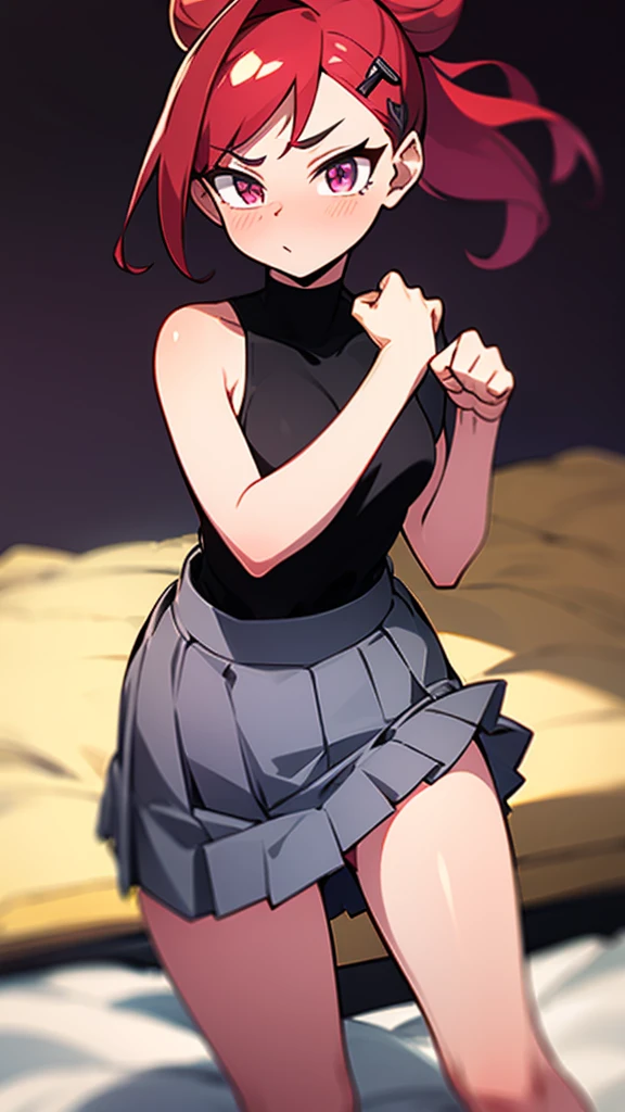 High tail hairstyle, Ponytail hairstyle, Long wavy black hair, standing posing, anime girl style, pixel art anime style,penetrating look with deep eyes,red and purple eyes, hair with a ponytail hairstyle trapped with a big red bun, women, red hair clips, x color shaped hair clips , smiling face blush, next to his bed, Skirt, tank top, Black hair, big thighs, NSFW, Skirt fluttering in the wind, perfect panty, look down, camera looking from bottom to top, viento levantando su Skirt haciendo que se le vea el panty, hands in fist behind her, viento moviendo su Skirt, 