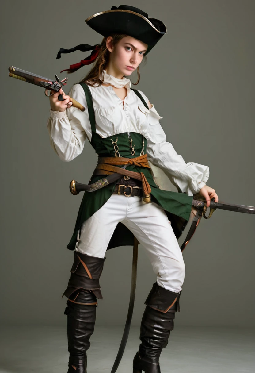 Young woman, slender, strong, beautiful and intelligent. She wears a light combat outfit, she has a long knife tied to her belt. She has a determined look and she holds a fine-blade sword in one hand and a flintlock pistol in the other. She points the flintlock pistol in one direction and is in fighting positions. [Realistic and good quality flintlock pistol] [Realistic Musketeers style sword]