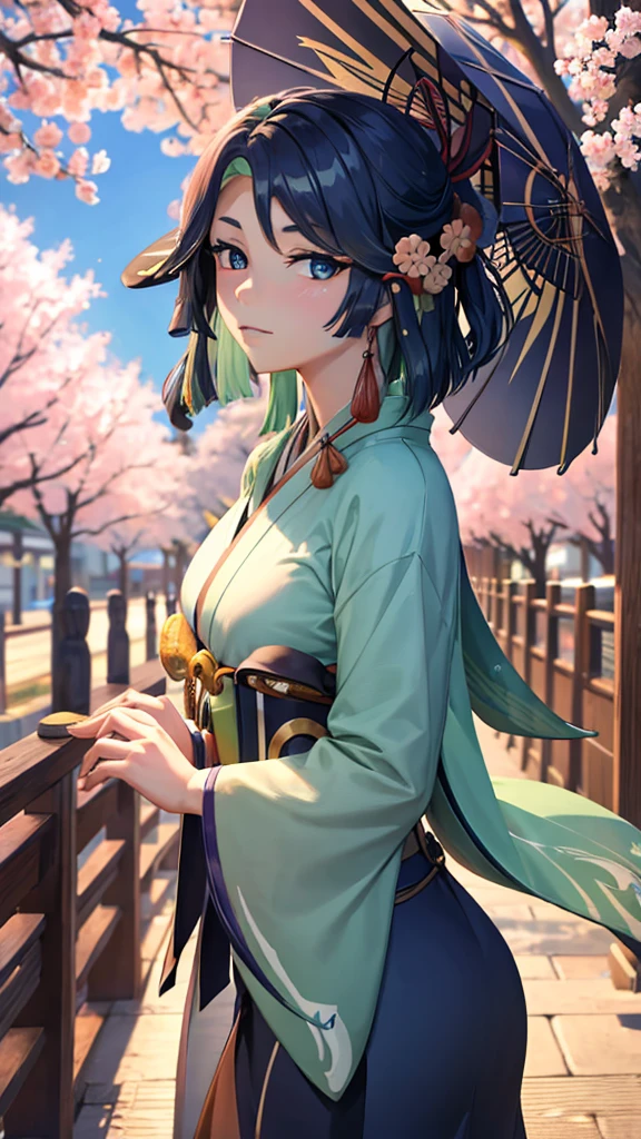 well detailed eyes, With a beautiful kimono. At night under a Sakura tree 