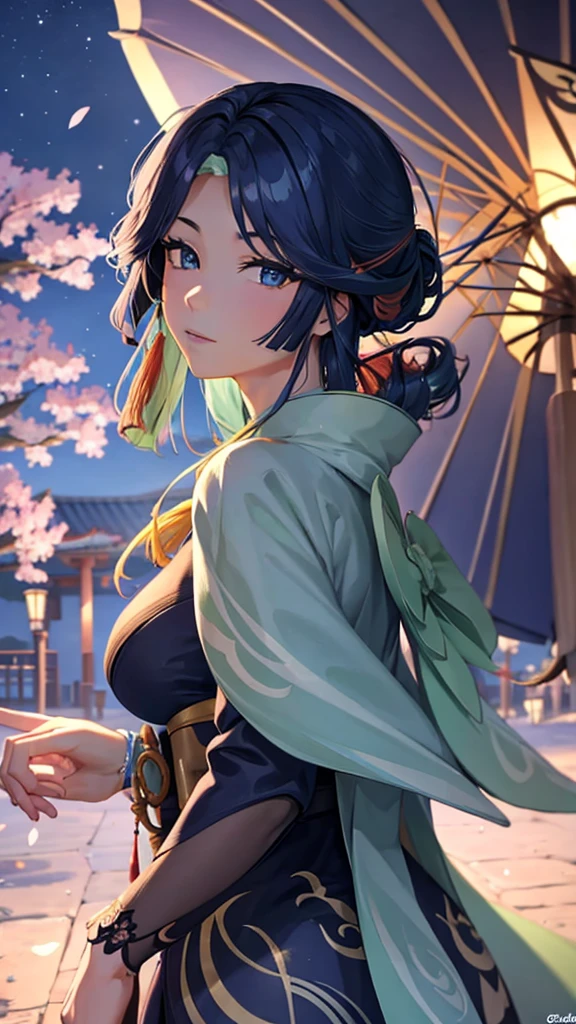 well detailed eyes, With a beautiful kimono. At night under a Sakura tree 