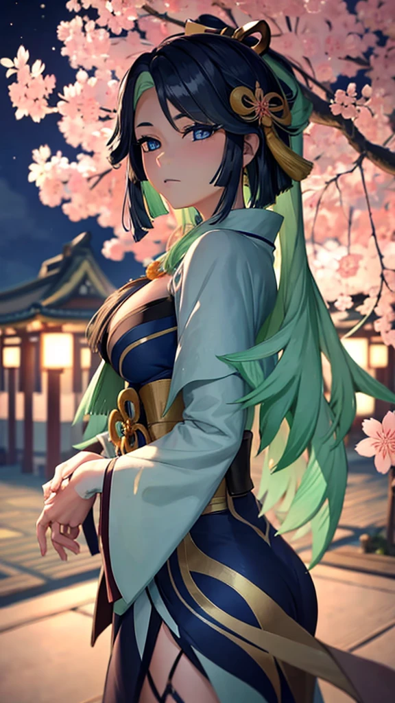 well detailed eyes, With a beautiful kimono. At night under a Sakura tree 