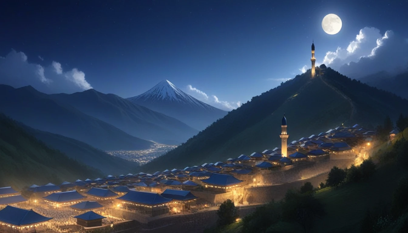 at night, many mountain, masjid on one the mountain, one village