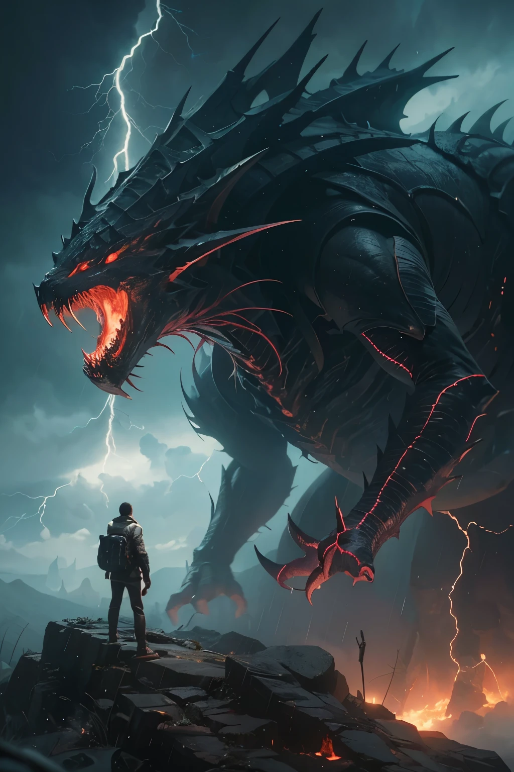 A very detailed painting, Dark world, Depicts a man have a weapon on a hill gazing at a giant alien monster lightning rain breath, author:Shinkai Makoto, By Art Jem, From Wlop, author:Greg Rutkowski, Volumetric Lighting, Octane Rendering, 8K resolution, Popular on artstation, masterpiece ,flame magic