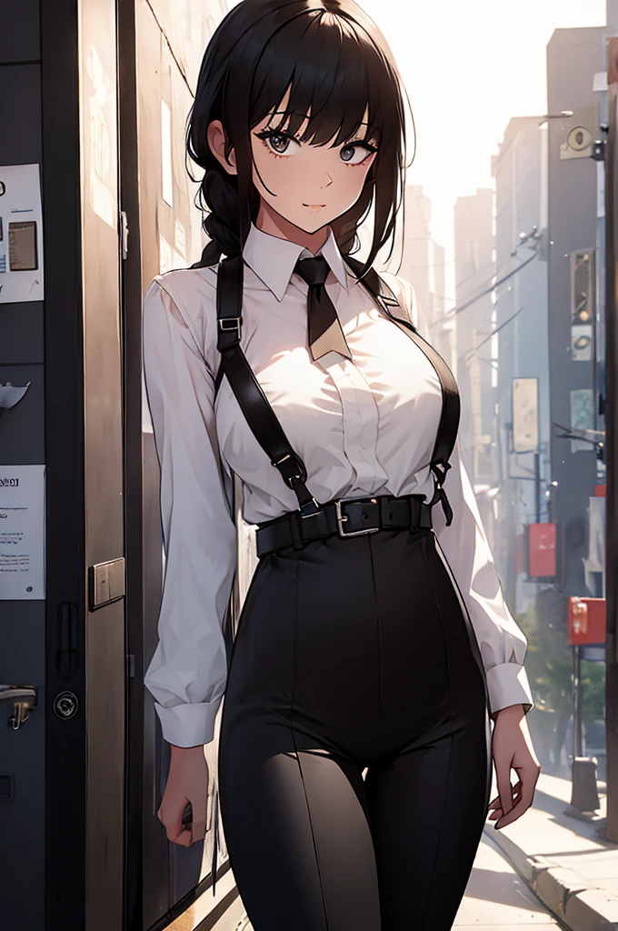 beautiful black hair and harness belts white-black uniform