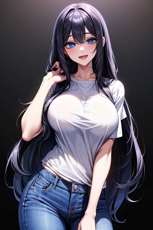 (((white shirt))), Very detailed、highest quality、Best image quality、masterpiece、8k、Anime Face、A kind smile、Open Mouth、(black long hair:1.5)、big breast, sexy、 beautiful body 、Cowboy Shot, Sexual Intercourse, ((blue eyes)), (((Jeans))), busty, buxom, curvy, voluptuous