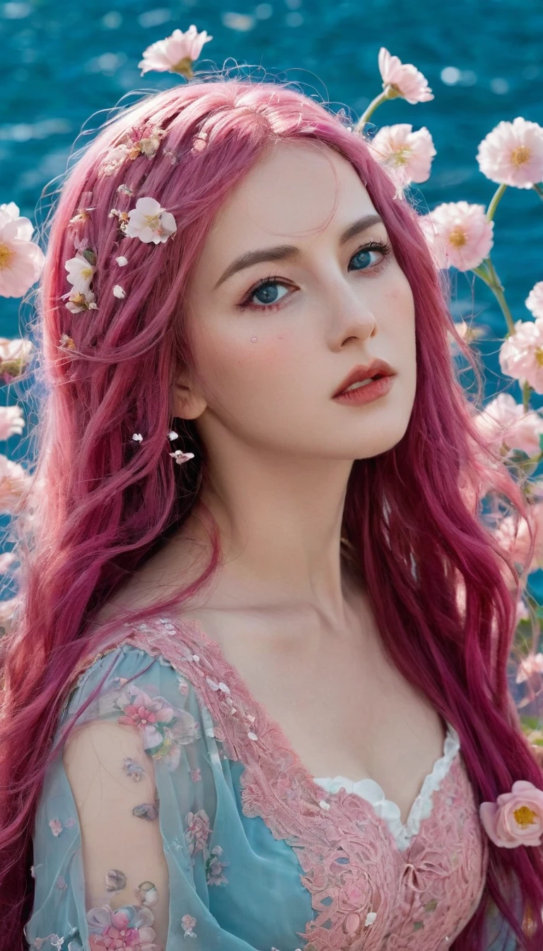 ( absurd , high quality , Extremely detailed, careful hand )Constellation - Cancer Goddess , Similar to Latin goodness , clever, cunning, reasonable, strong-willed face , Mature , tenacious, Moody, Irritability, Sexual style , Ocean blue eyes(Eye details), Long hair , Dark pink hair , Transparent dress , Lace underwear, In a sea of blooming flowers , whole body , Innocent Makeup ,