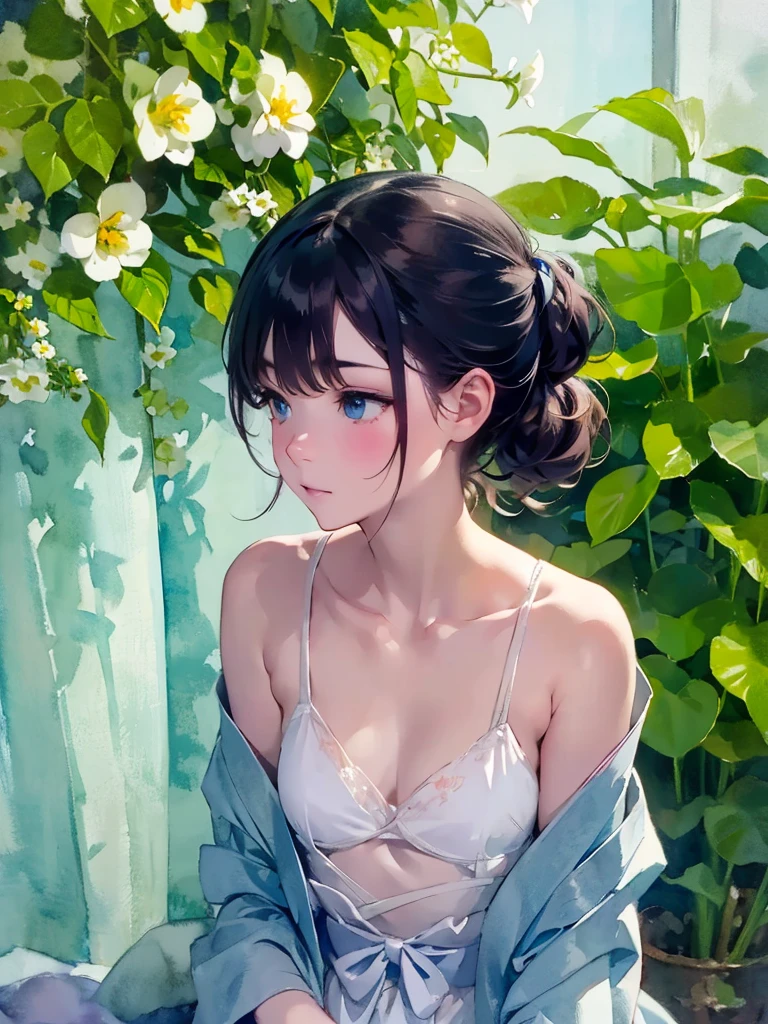 {(masterpiece,best quality, 8K UHD, extremely detailed CG, detailed beautiful face and eyes and skin and hair),(beautiful like picture:1.1)},{(watercolor image:1.2),sketch,bright colors overall,gentle color},{Simple configuration:1.1}, {light blue backgroundl:1.4},{erotic face,anguish,(painful:1.1),(very very ecstasy:1.2),(writhing:1.4),embarrassing}, {solo girl,yukata,(open clothes:1.2),(Show shoulders:1.4),profile},{Floral,Taisho romance}