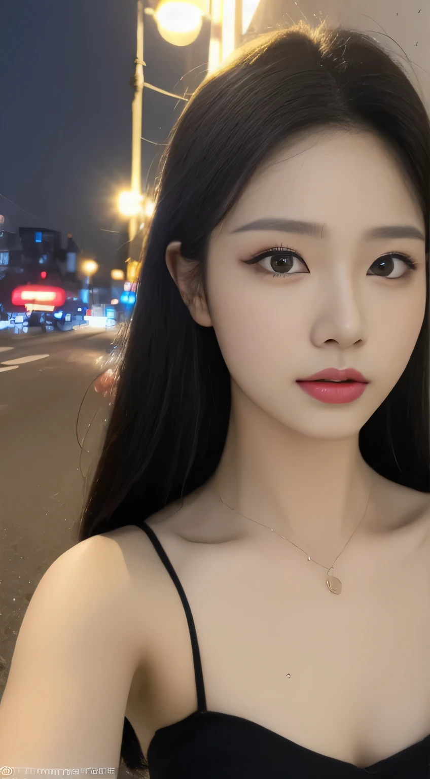 ((Realistic Lights, Best quality, 8k, tmasterpiece:1.3)), tack sharp focus:1.2, 1个Giant Breast Girl, Beautiful Women with Perfect Figure:1.4, Slim abs:1.1, ((dark brown hair)), (Slip dress:1.4),(allure,during night:1.1),the city street,Ultra-fine face,Fine Eye,double eyelid,