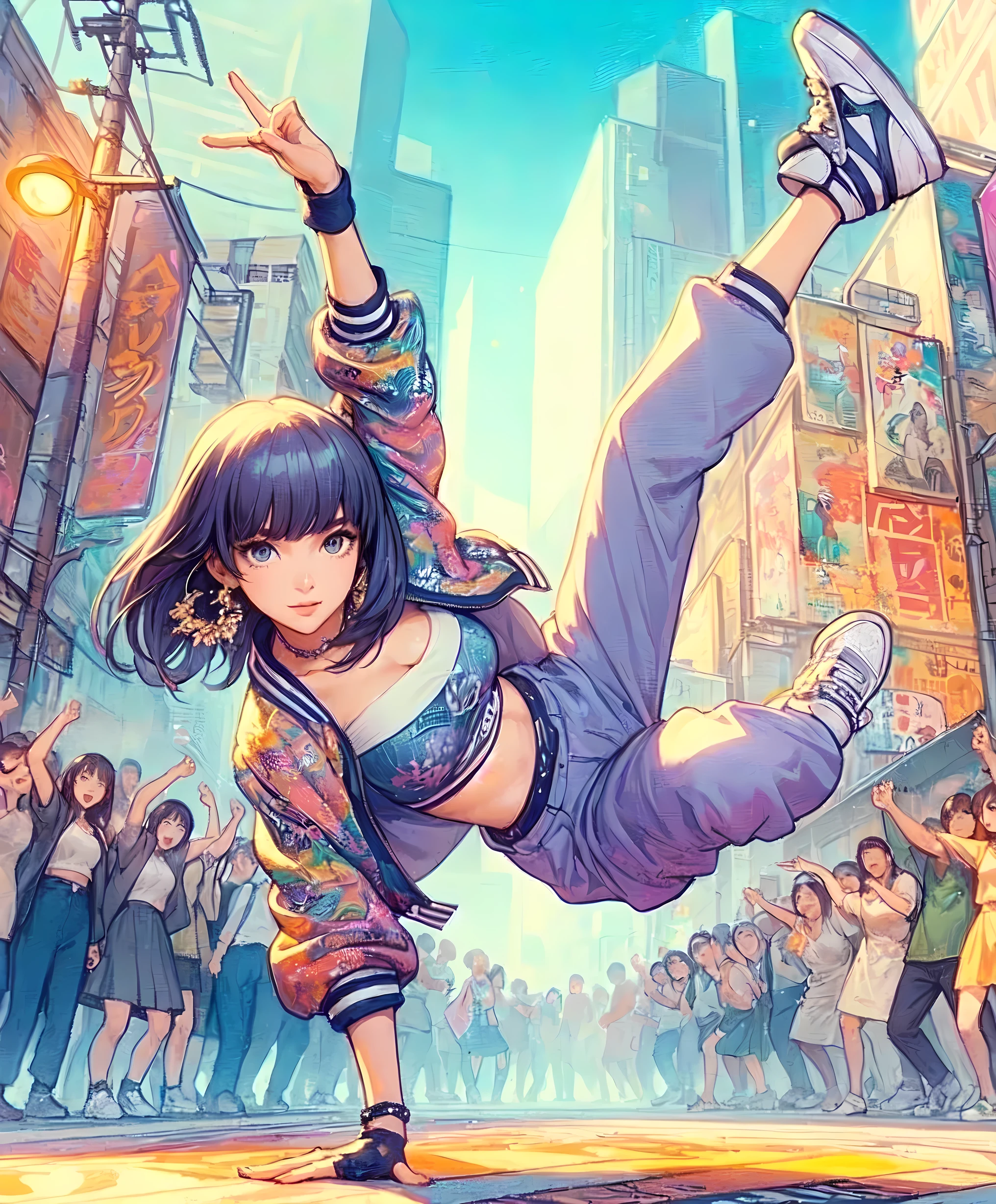 1lady solo, (dynamic posing) (breakdance), (one hand on the ground) (throwing body into the air) acrobatic (legs raised up), stylish outfit (chic and pop attire), (mature female:0.6), /(light navy hair/) bangs, (light smile:0.6), (masterpiece best quality:1.2) delicate illustration ultra-detailed, large breasts BREAK (lively street) outdoors, square, audience, detailed background