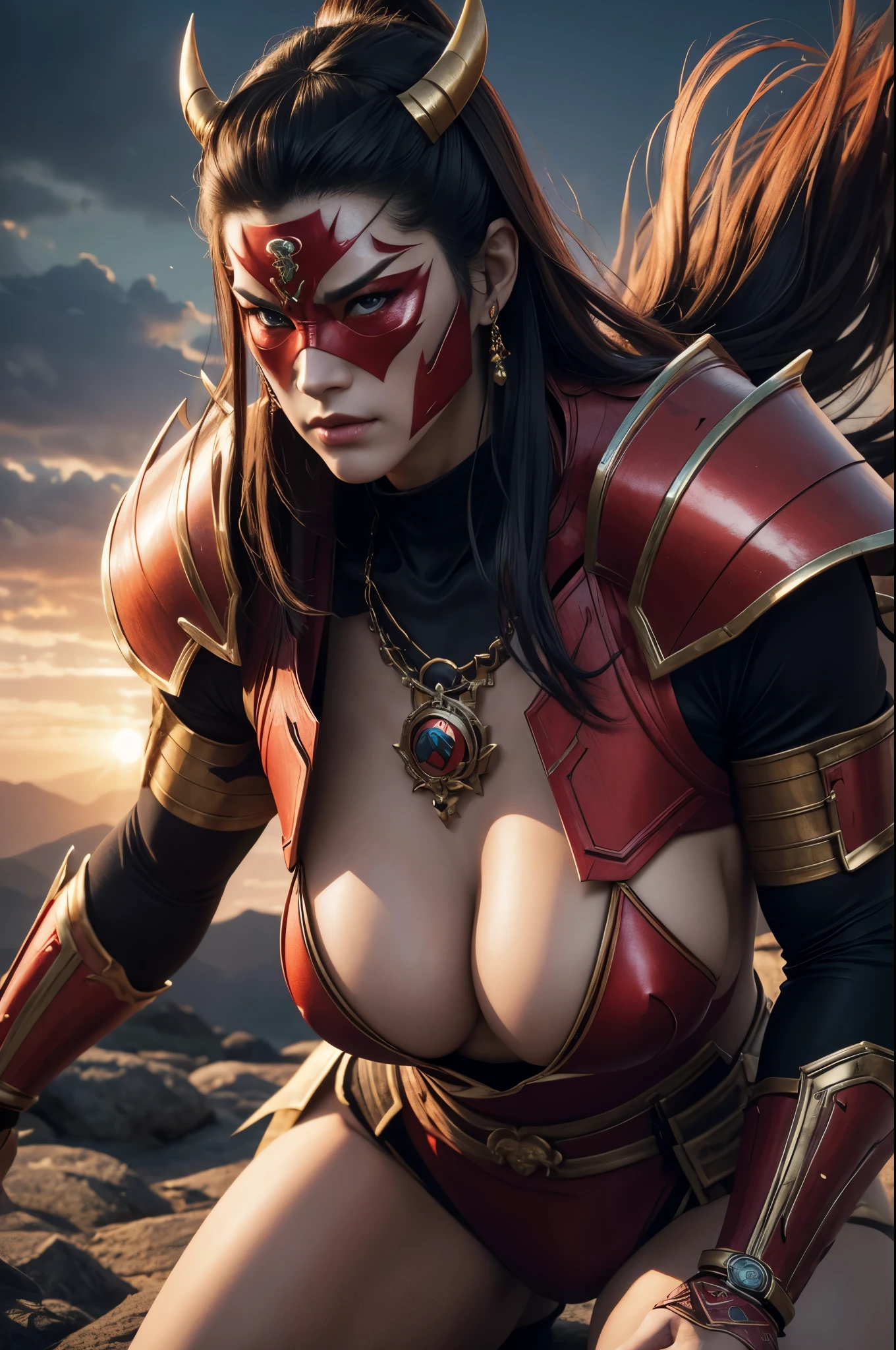 8k,(Samurai)、Devil Mask、Super Beauty(Like the real thing)、Red Armor Solo Adult Devil Woman、Muscular macho body type,Super Muscular Beauty,Bodybuilding,(Equipped with a long and large spear)、Mature Woman Big Woman Devil。Sturdy jaw(Like the real thing),Stand facing forward,Demon Armor,A wonderful work of art,((Kyoto Panel Style))、Wind effects:1.9、Cloud effect:1.2、Full Rendering,Devil makeup,masterpiece,Photorealistic RAW photos of the highest quality。Bright colors,Rich colors, Backlight, Cinema Lighting, Film Grain, 50mm lens, Nikon D850,Ultra-Realistic Skin,Fantasy art,Character Art,Ultra-high resolution,Realistic scale skins,Perfect hand shape,View your viewers,View your viewers,Top-down view,close,Uplifting,Dynamic fighting pose,Sexy chest,Cleavage close-up,