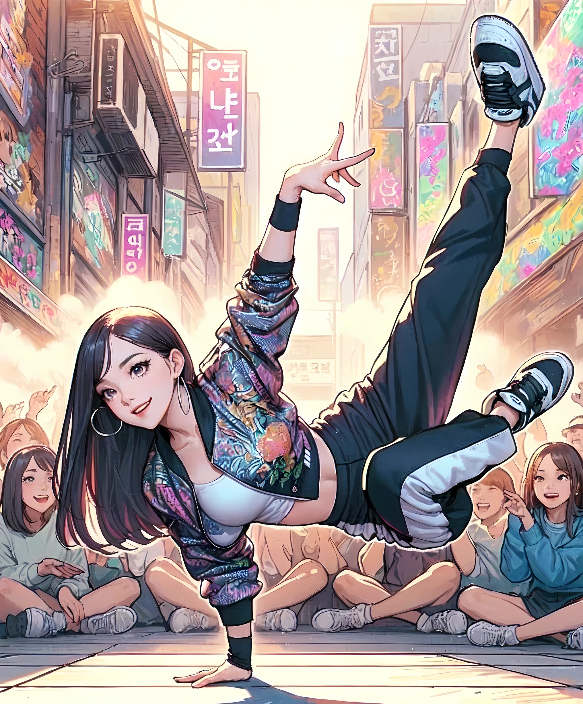 1lady solo, (dynamic posing) (breakdance), (one hand on the ground) (throwing body into the air) acrobatic (legs raised up), stylish outfit (chic and pop attire), (mature female:0.6), /(silver gray hair/) bangs, (light smile:0.8), (masterpiece best quality:1.2) delicate illustration ultra-detailed, large  BREAK (lively street) outdoors, square, audience, detailed background