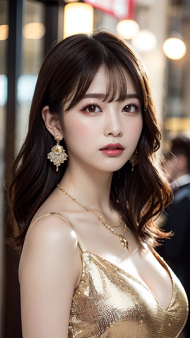 1 female, Beautiful Japanese actresses, Age 25, Double Eye,mile, Detailed face, Big earrings，Large Necklace, Flashy makeup using red eyeshadow，light brown delicate middle cut hair，The tips of the hair are wavy，Classy hairstyle，Fine grain,Slender actress, Large breasts, valley, Small hips, Side Bust Barbosa), Sexy silk embroidered mermaid dress:1.2), break long black hair, BREAK ceremony, Red carpet, Official Art，Highly detailed CG Unity 8k wallpaper, (masterpiece:1.0),(highest quality:1.0), photo shoot, 8k, Browsing Caution, High resolution, Kodak Portrait 400, Film Grain, Lens flare brilliance,Show Viewer, View from the front