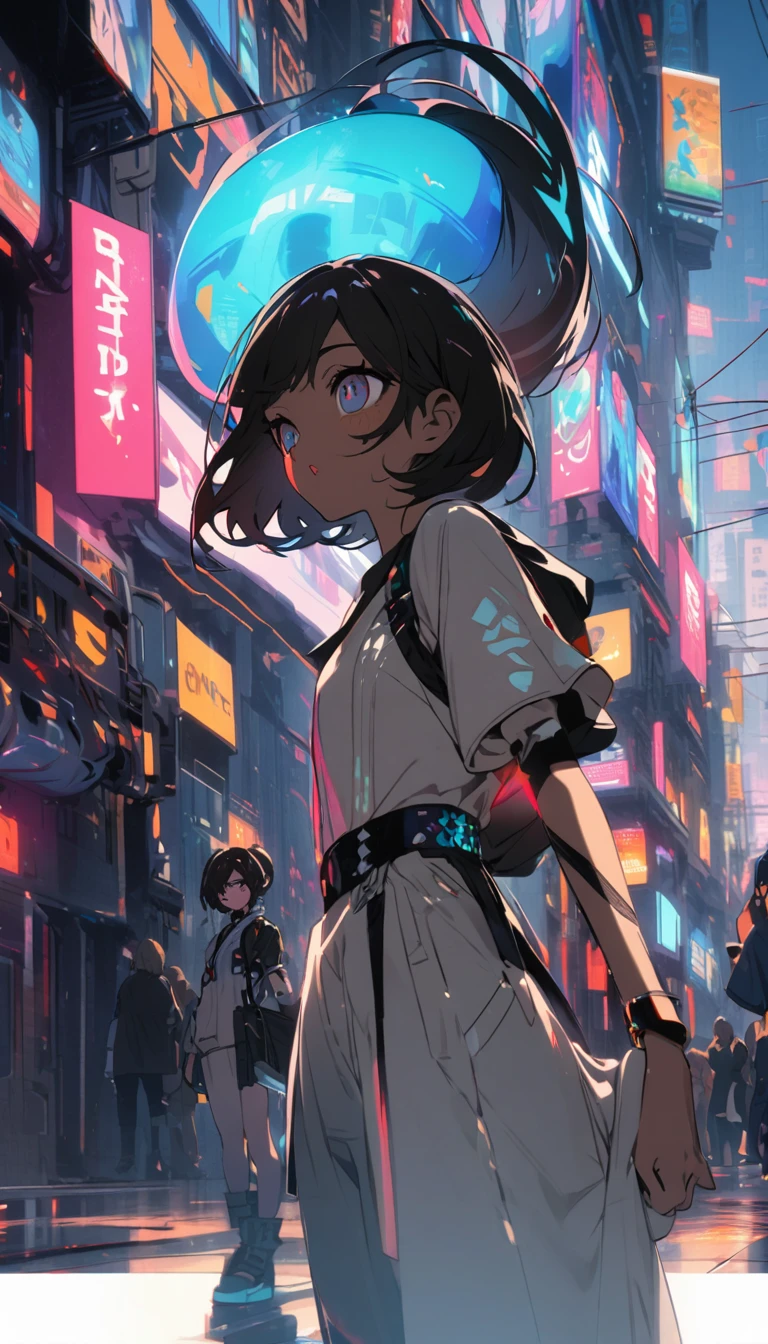 pretty dark young couple in a futuristic cartoon world